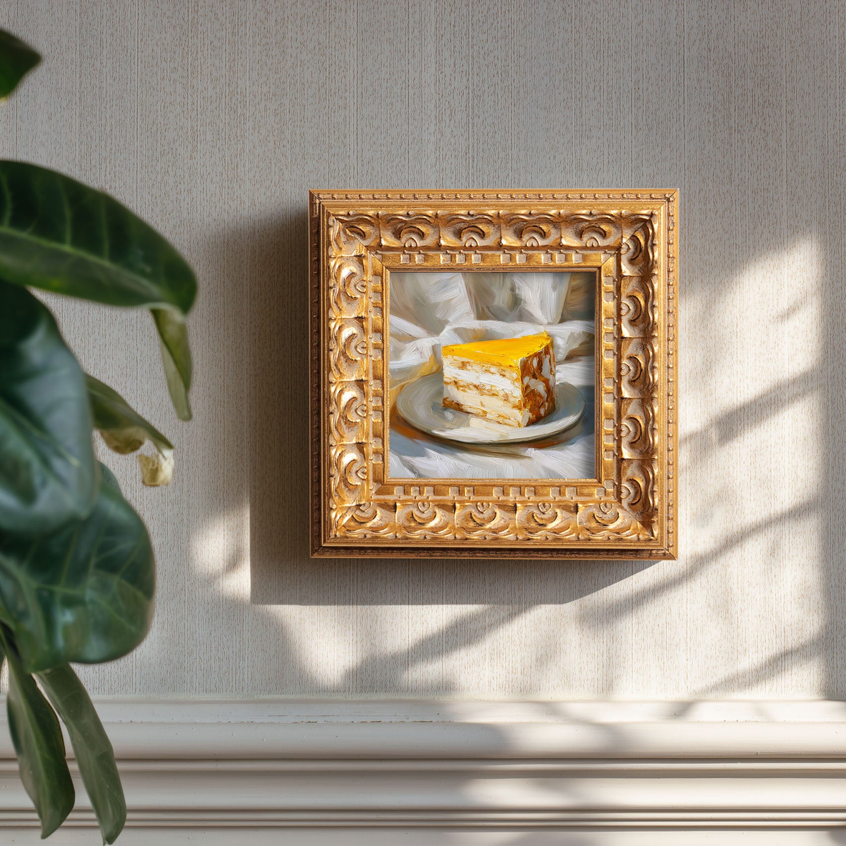 Original Mango Mousse Cake Oil Painting, Bright Kitchen Wall Art, Hand Painted Ornate Gold Frame Home Decor, Vibrant Dining Room Decoration, Gift For Friends