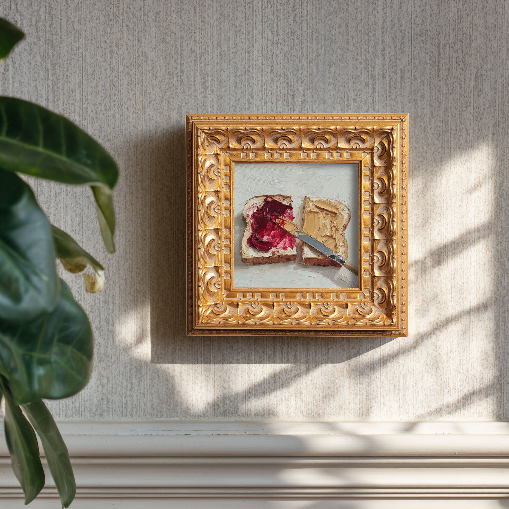 Original Peanut Butter & Jam Toast Oil Painting, Cozy Kitchen Wall Art, Hand Painted Ornate Gold Frame Home Decor, Charming Dining Room Decoration, Gift For Friends