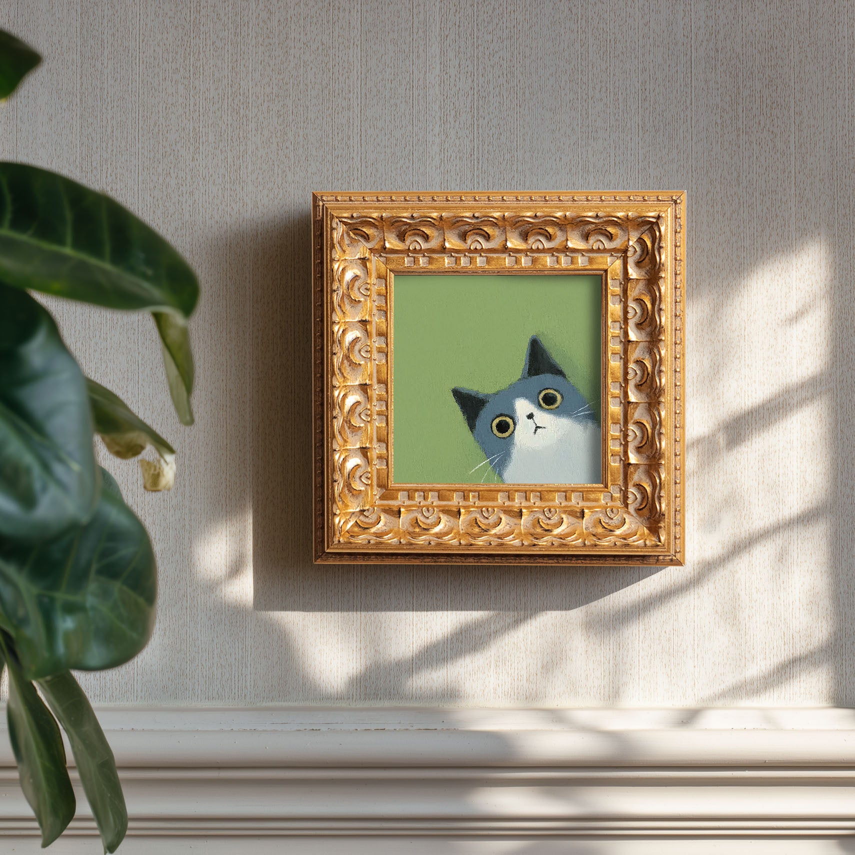 Blue and White Cat Painting, Cute Kitten Art, Flat Style Animal Portrait, Whimsical Cat Wall Decor, Small Framed Art