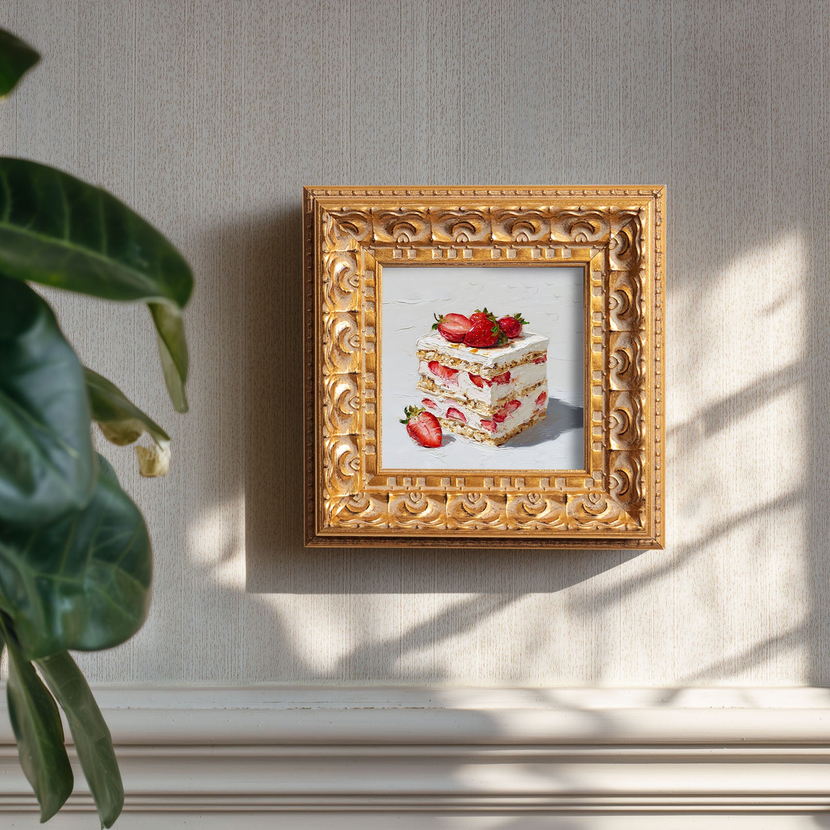 Original Strawberry Cake Oil Painting, Bright Kitchen Wall Art, Hand Painted Ornate Gold Frame Home Decor, Vibrant Dining Room Decoration, Gift For Friends