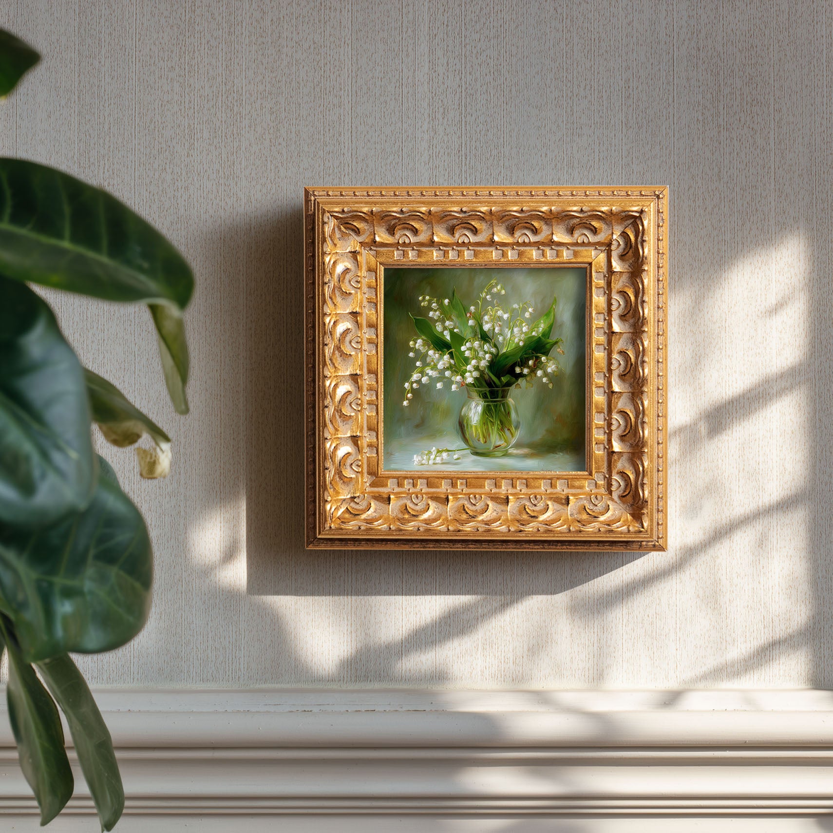 Original Lily Of The Valley Oil Painting, Delicate Floral Wall Art, Hand Painted Ornate Gold Frame Home Decor, Serene Bedroom Decoration, Gift For Friends