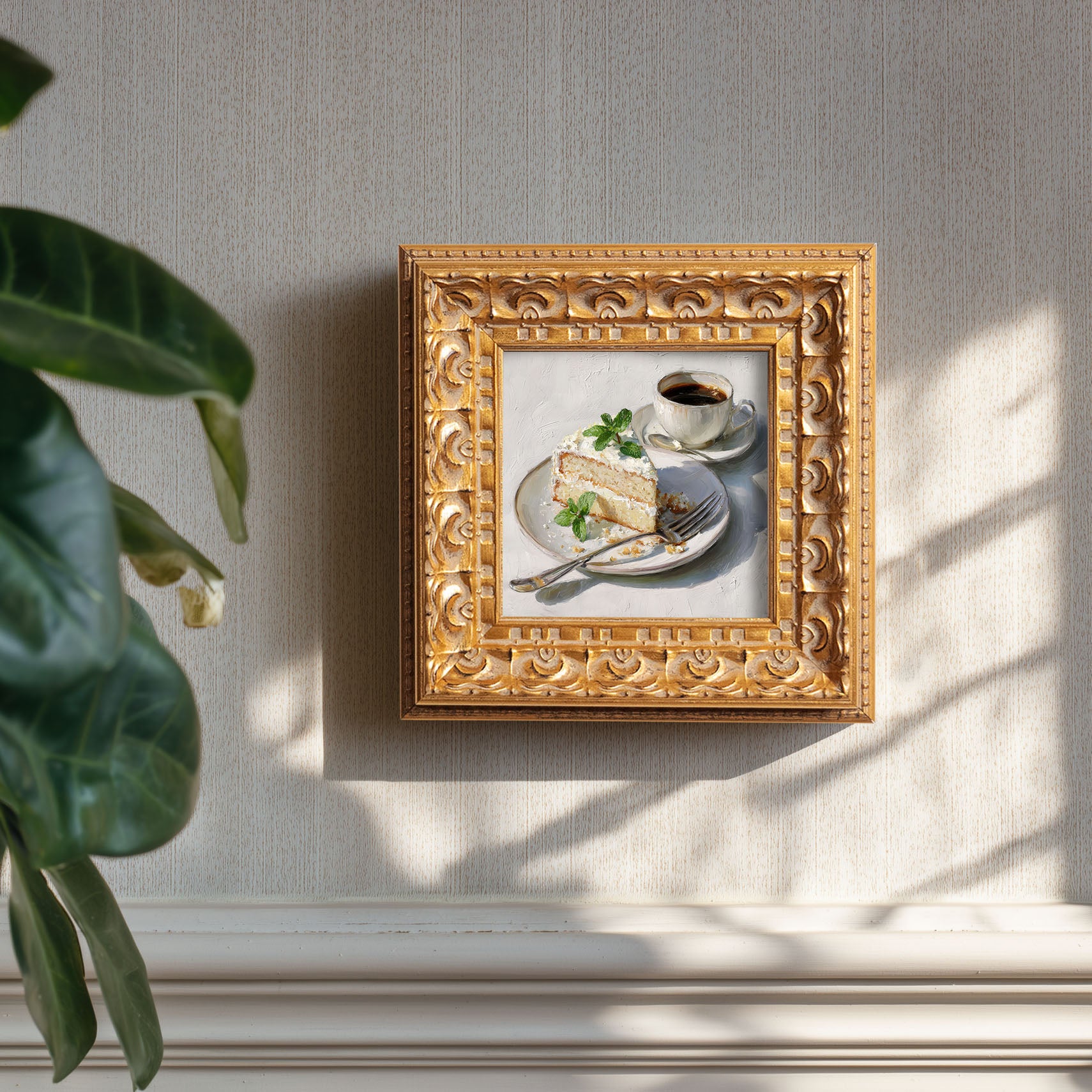 Original Vanilla Cake With Coffee Oil Painting, Cozy Kitchen Wall Art, Hand Painted Ornate Gold Frame Home Decor, Charming Dining Room Decoration, Gift For Friends