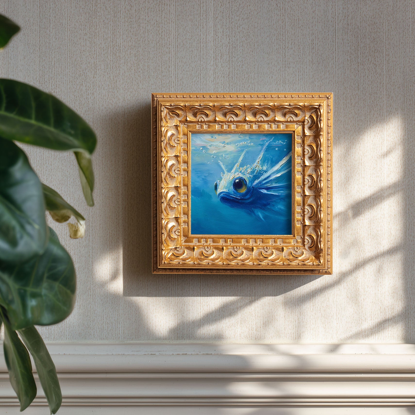 Original Blue Fish Oil Painting, Vibrant Underwater Wall Art, Hand Painted Ornate Gold Frame Home Decor, Stylish Living Room Decoration, Gift For Friends