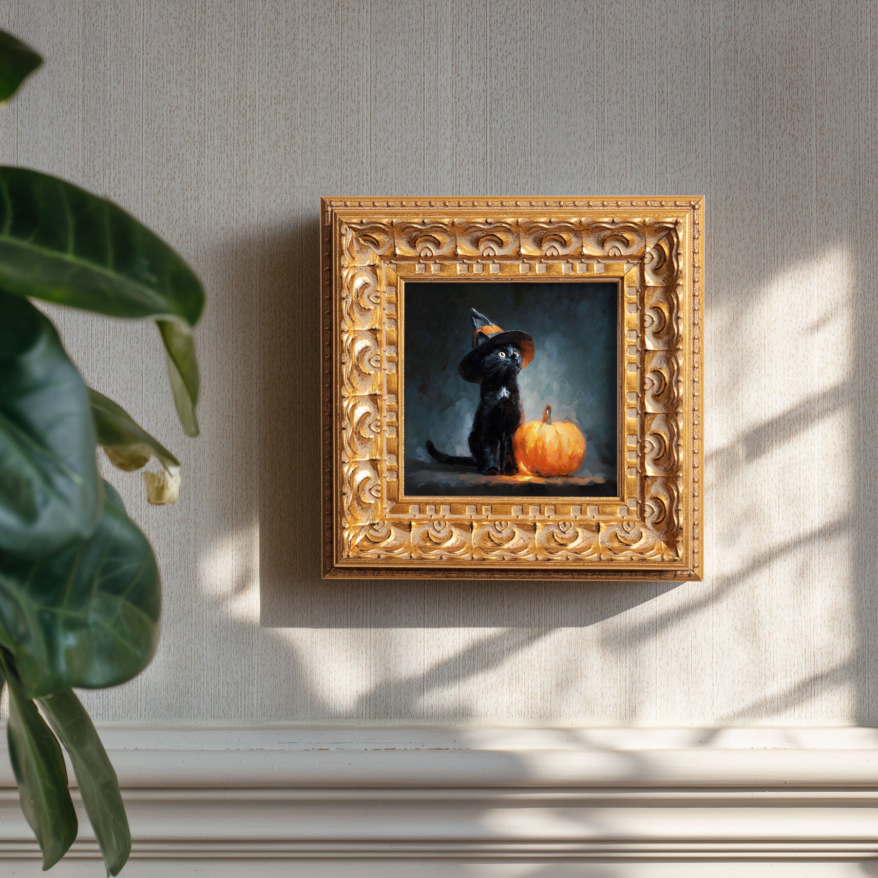 Original Halloween Black Cat Oil Painting, Spooky Seasonal Wall Art, Hand Painted Ornate Gold Frame Home Decor, Festive Living Room Decoration, Gift For Friends