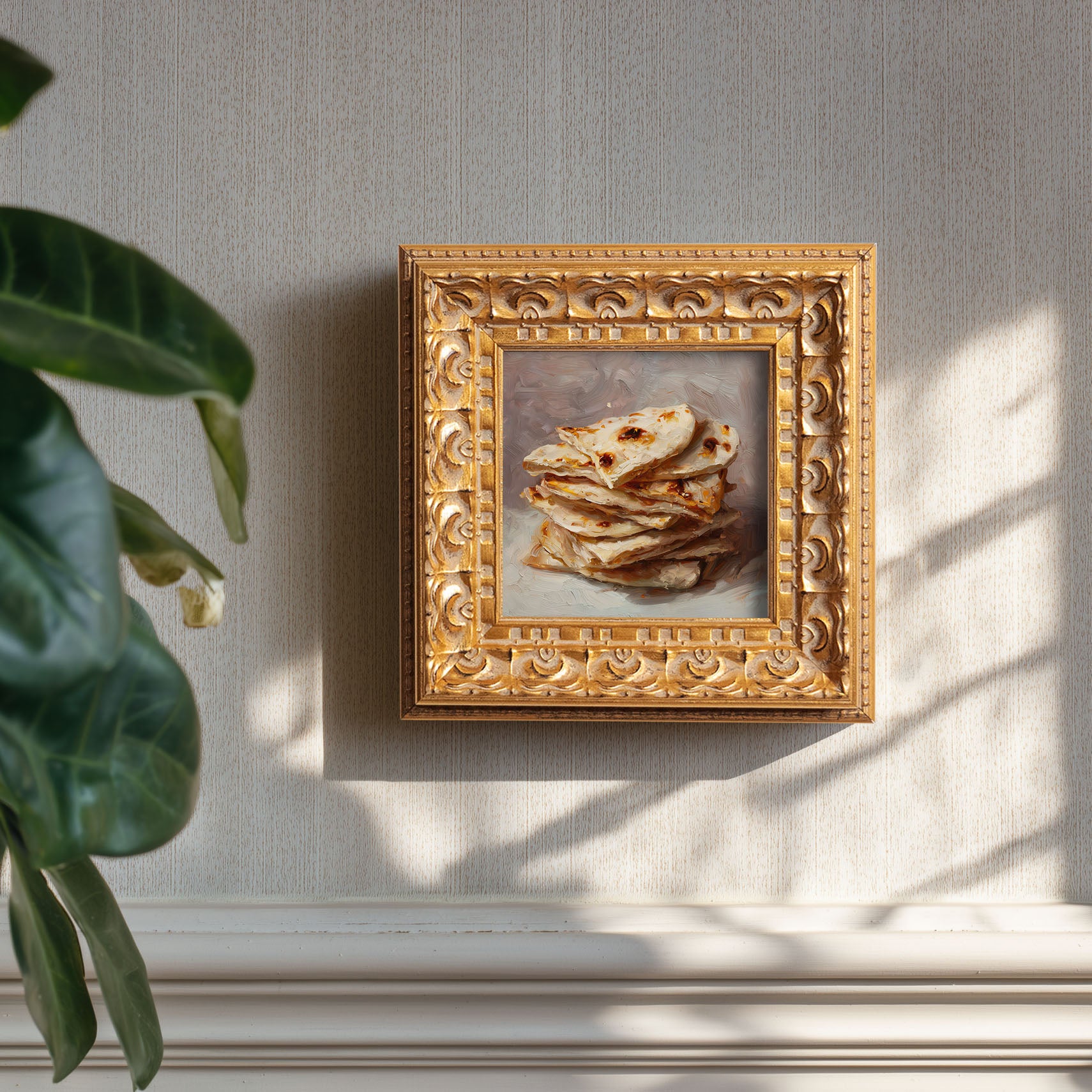 Original Indian Flatbread Oil Painting, Rustic Kitchen Wall Art, Hand Painted Ornate Gold Frame Home Decor, Cozy Dining Room Decoration, Gift For Friends