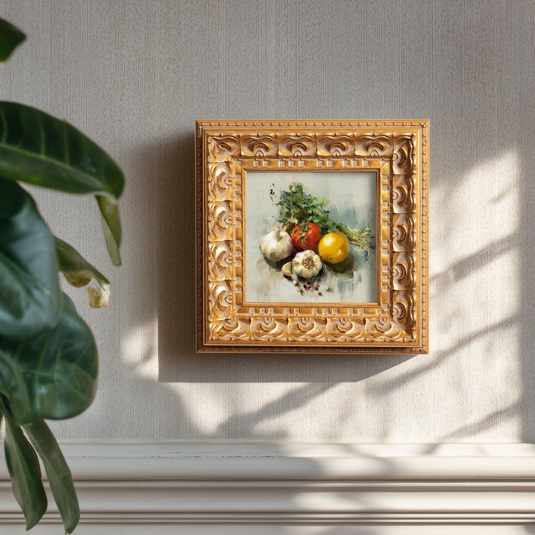 Original Vegetable Still Life Oil Painting, Rustic Kitchen Wall Art, Hand Painted Ornate Gold Frame Home Decor, Warm Dining Room Decoration, Gift For Friends
