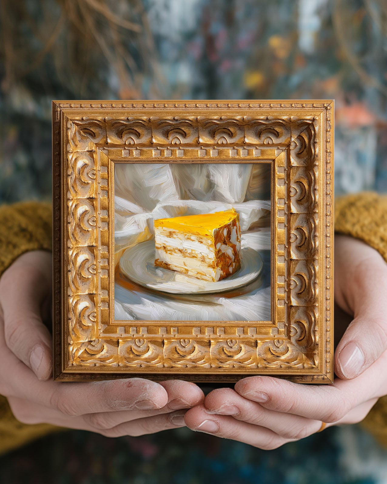 Original Mango Mousse Cake Oil Painting, Bright Kitchen Wall Art, Hand Painted Ornate Gold Frame Home Decor, Vibrant Dining Room Decoration, Gift For Friends