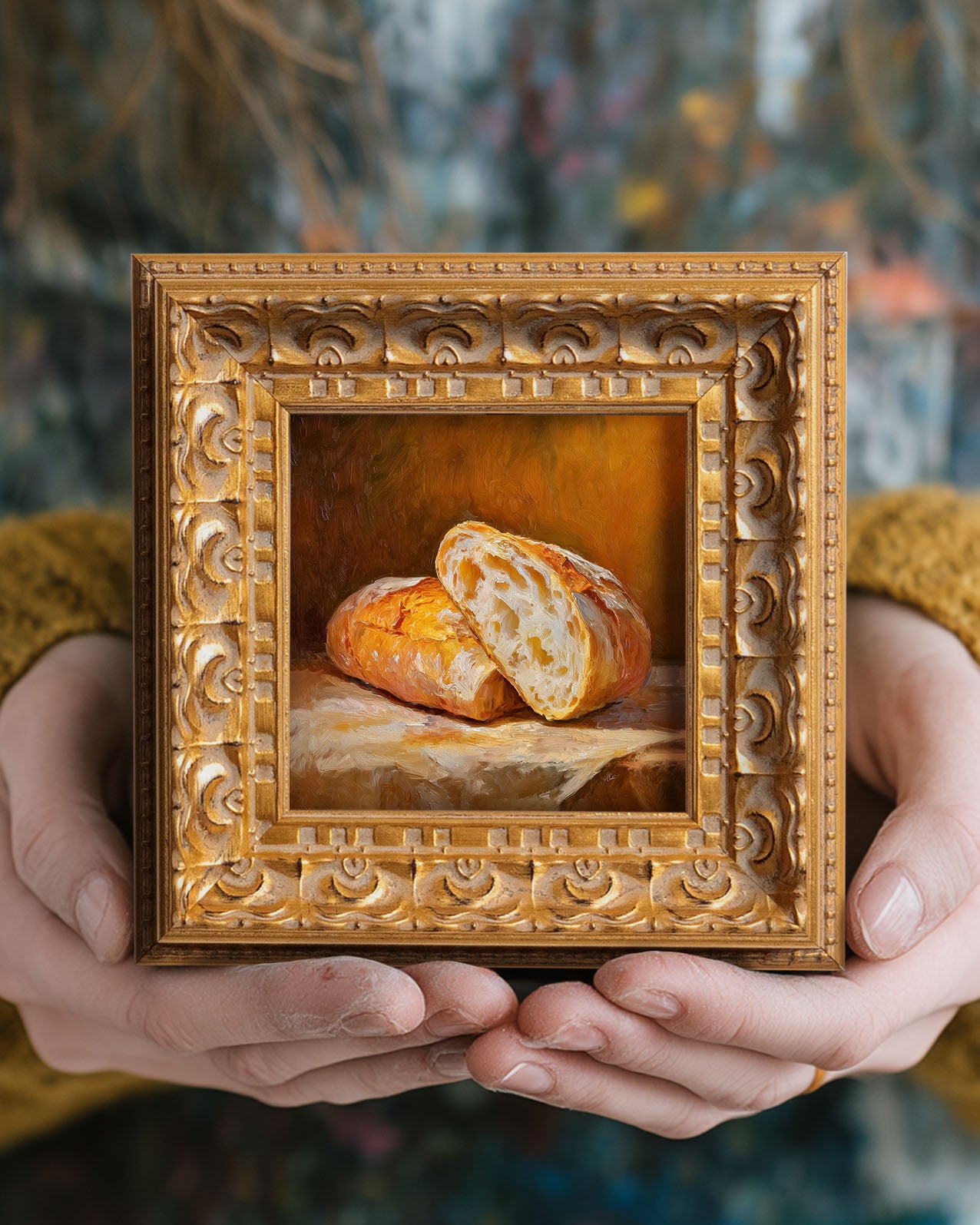 Original Baguette Oil Painting, Rustic Kitchen Wall Art, Hand Painted Ornate Gold Frame Home Decor, Warm Dining Room Decoration, Gift For Friends