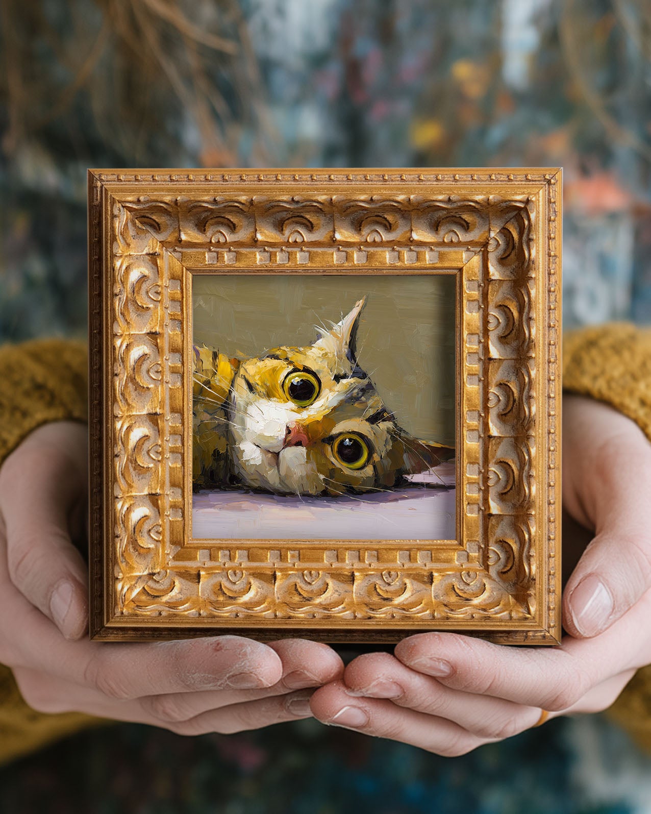 Tabby Cat Original Oil Painting, Cute Kitten Portrait, Impasto Animal Art, Whimsical Cat Wall Decor, Small Framed Artwork