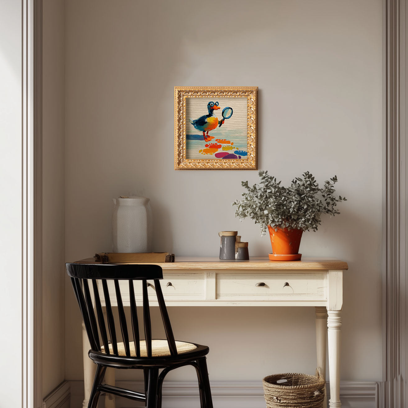 Small Original Hand Painted, Detective Duck Oil Painting, Living Room Wall Art Decor, 5X5 Gold Framed Artwork, Christmas Gift for Friends