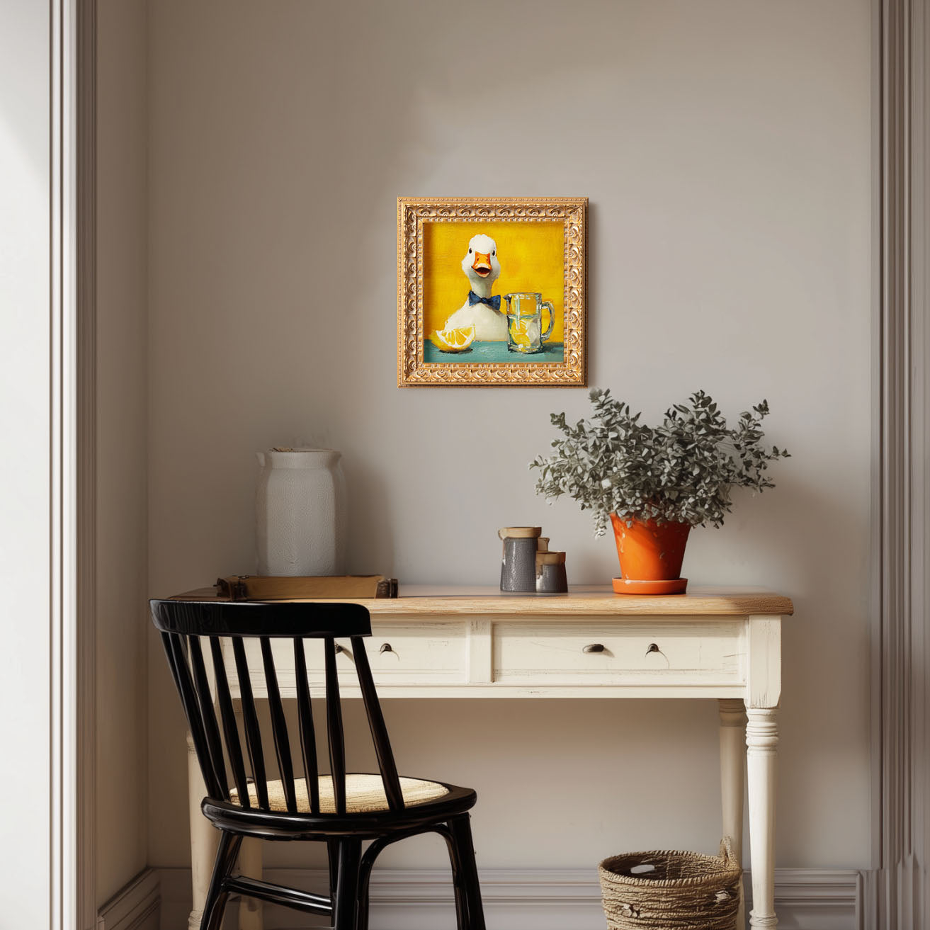 Small Original Hand Painted, Bartender Duck Oil Painting, Living Room Wall Art Decor, 5X5 Gold Framed Artwork, Christmas Gift for Friends