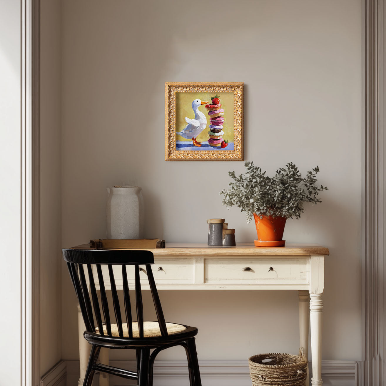 Small Original Hand Painted, Enjoying Duck Oil Painting, Living Room Wall Art Decor, 5X5 Gold Framed Artwork, Christmas Gift for Friends