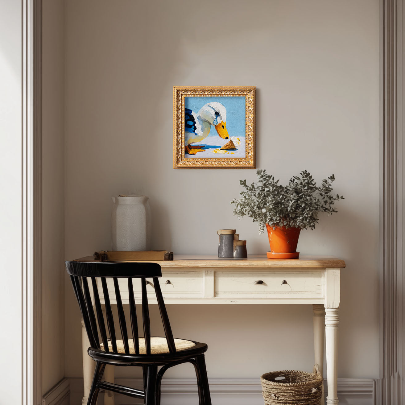 Small Original Hand Painted, Crying Duck Oil Painting, Living Room Wall Art Decor, 5X5 Gold Framed Artwork, Christmas Gift for Friends