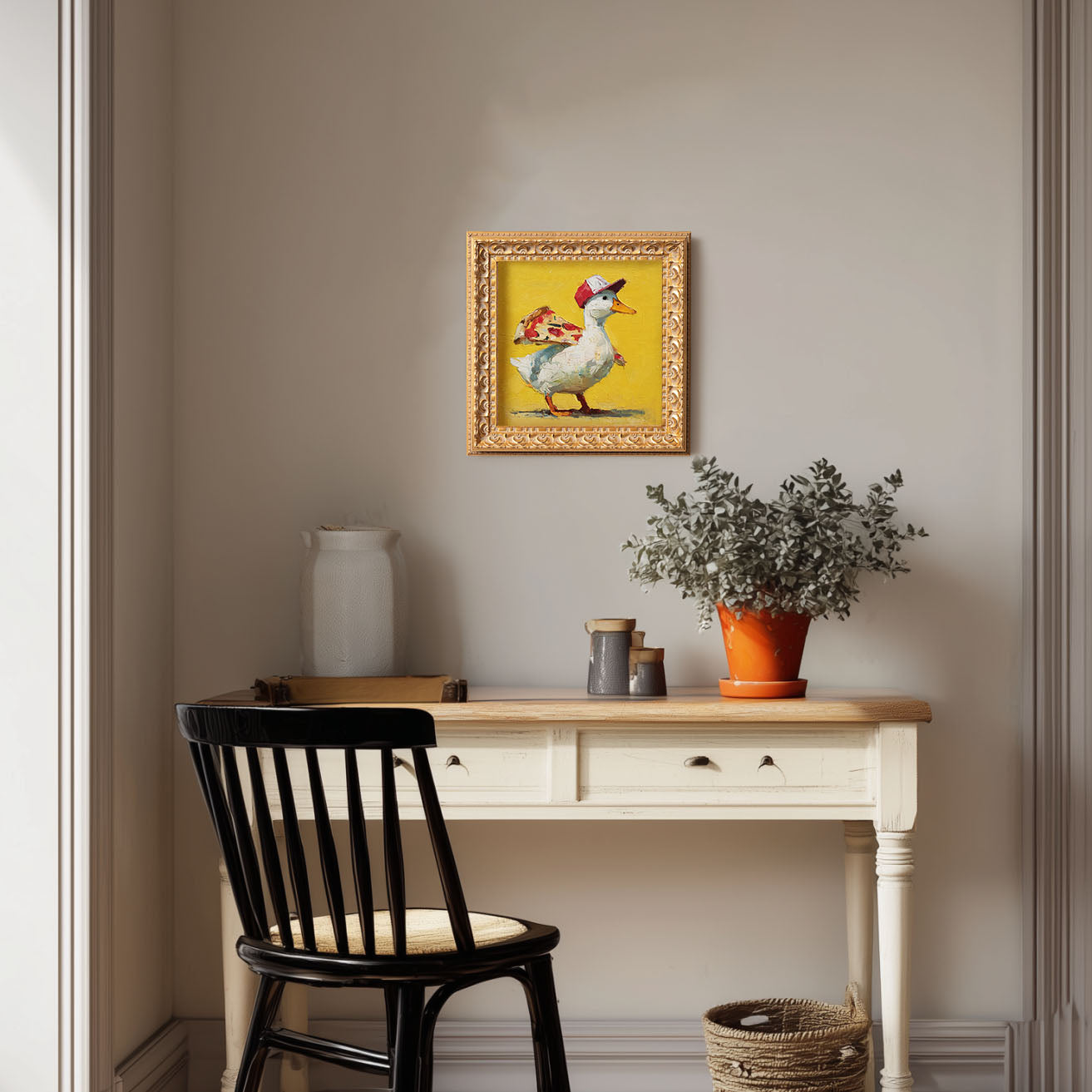 Small Original Hand Painted, Pizza Ducks Oil Painting, Living Room Wall Art Decor,5X5 Gold Framed Artwork, Christmas Gift