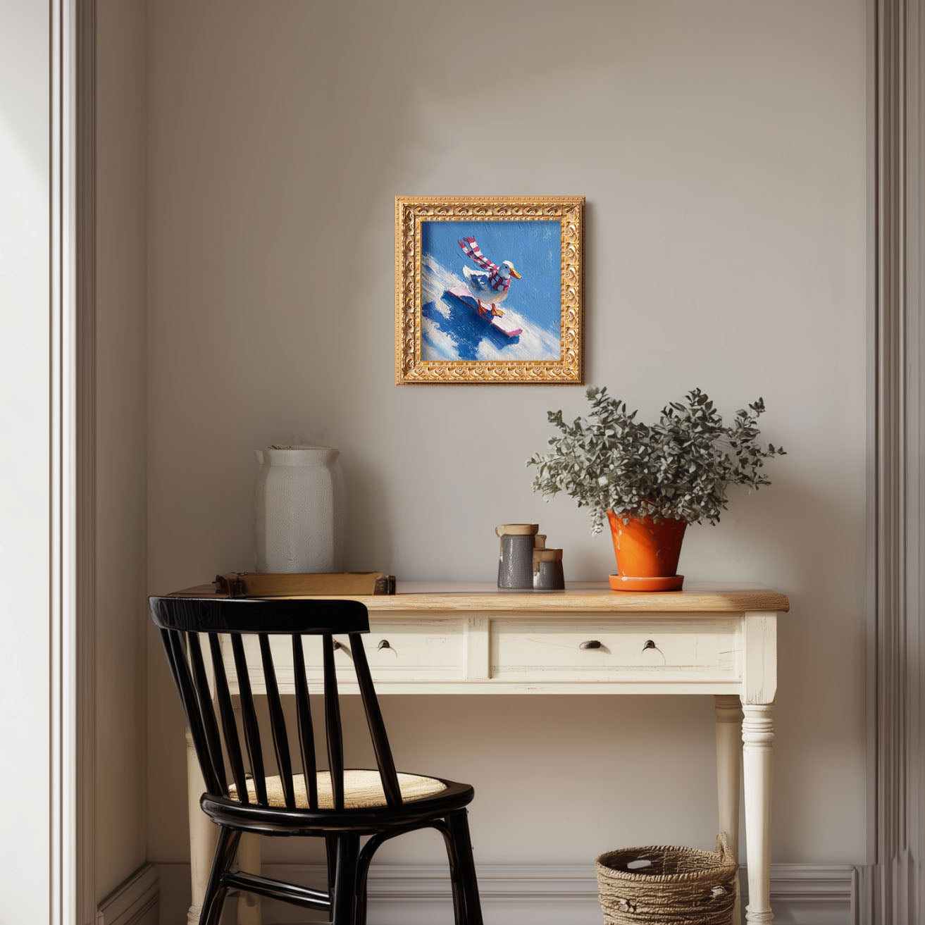 Small Original Hand Painted, Duck Snowboarding Oil Painting, Living Room Wall Art Decor,5X5 Gold Framed Artwork, Christmas Gift for Friends