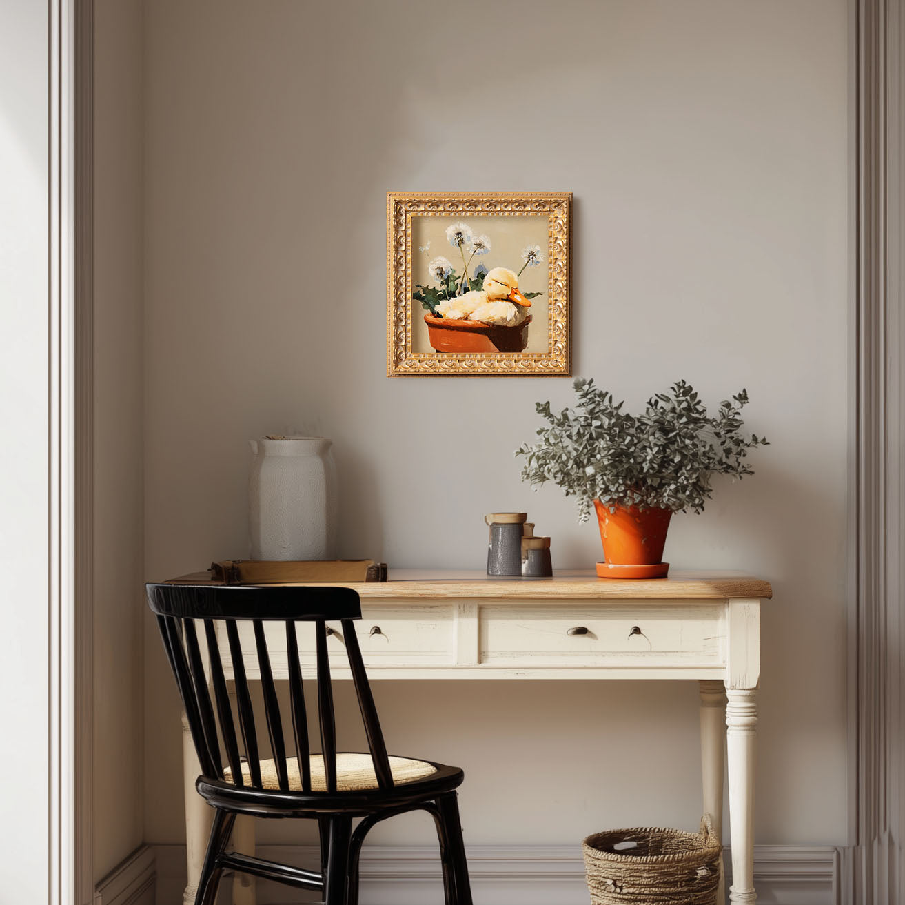 Small Original Hand Painted, Duckling in Flower Pot Oil Painting, Living Room Wall Art Decor, 5X5 Gold Framed Artwork, Christmas Gift