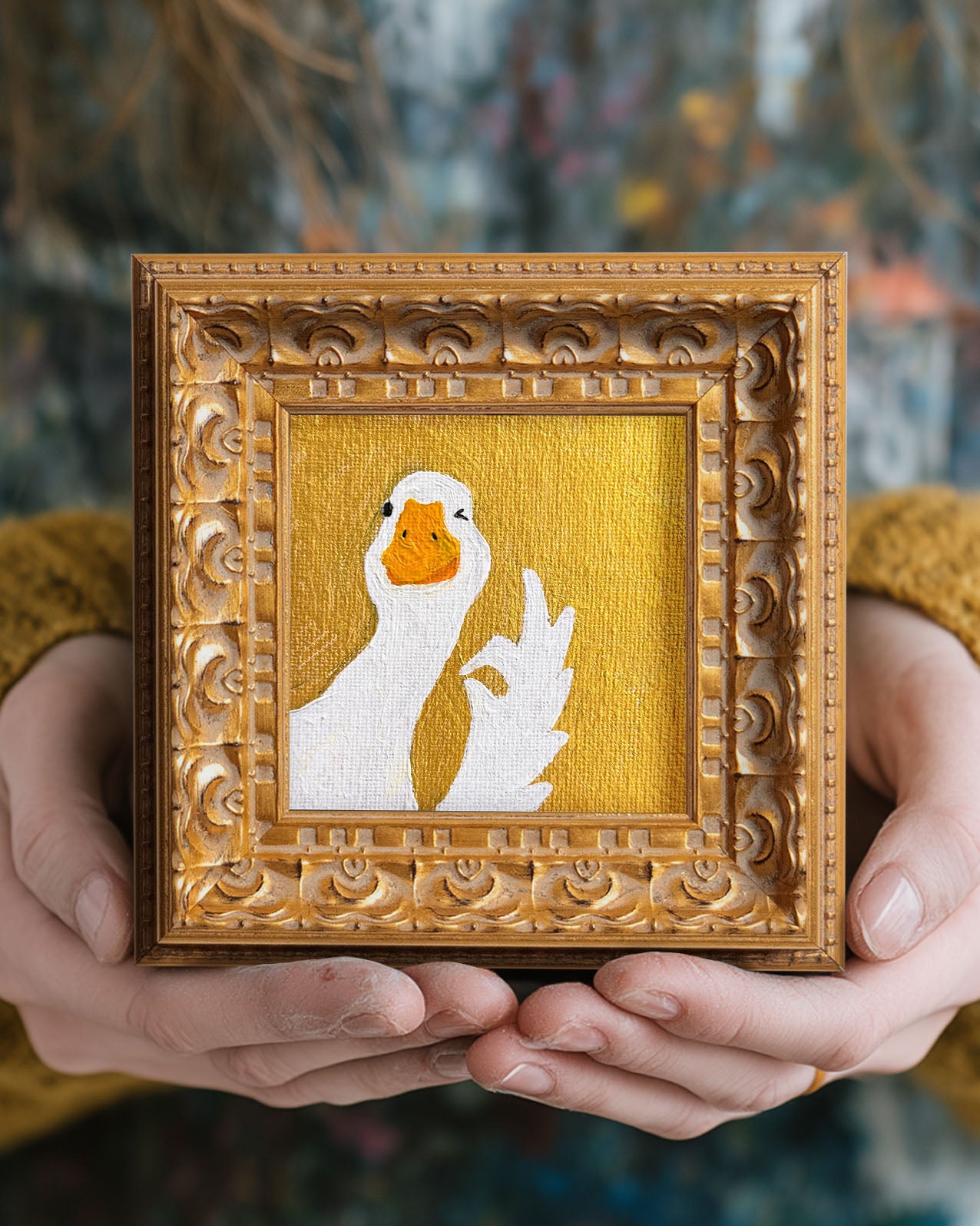 Small Original Hand Panted, Okay Goose Oil Painting, Living Room Wall Art Decor, 5X5 Gold Framed Artwork, Christmas Gift for Friends