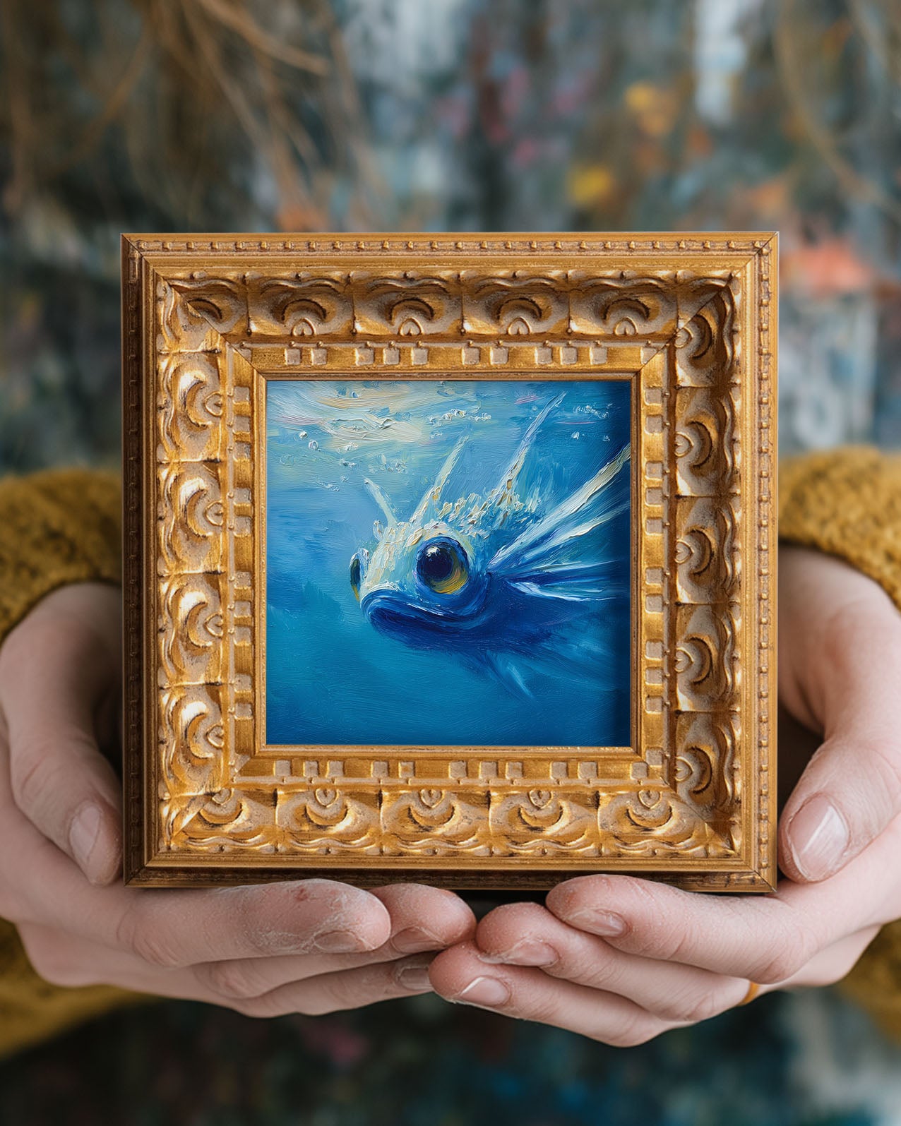 Original Blue Fish Oil Painting, Vibrant Underwater Wall Art, Hand Painted Ornate Gold Frame Home Decor, Stylish Living Room Decoration, Gift For Friends