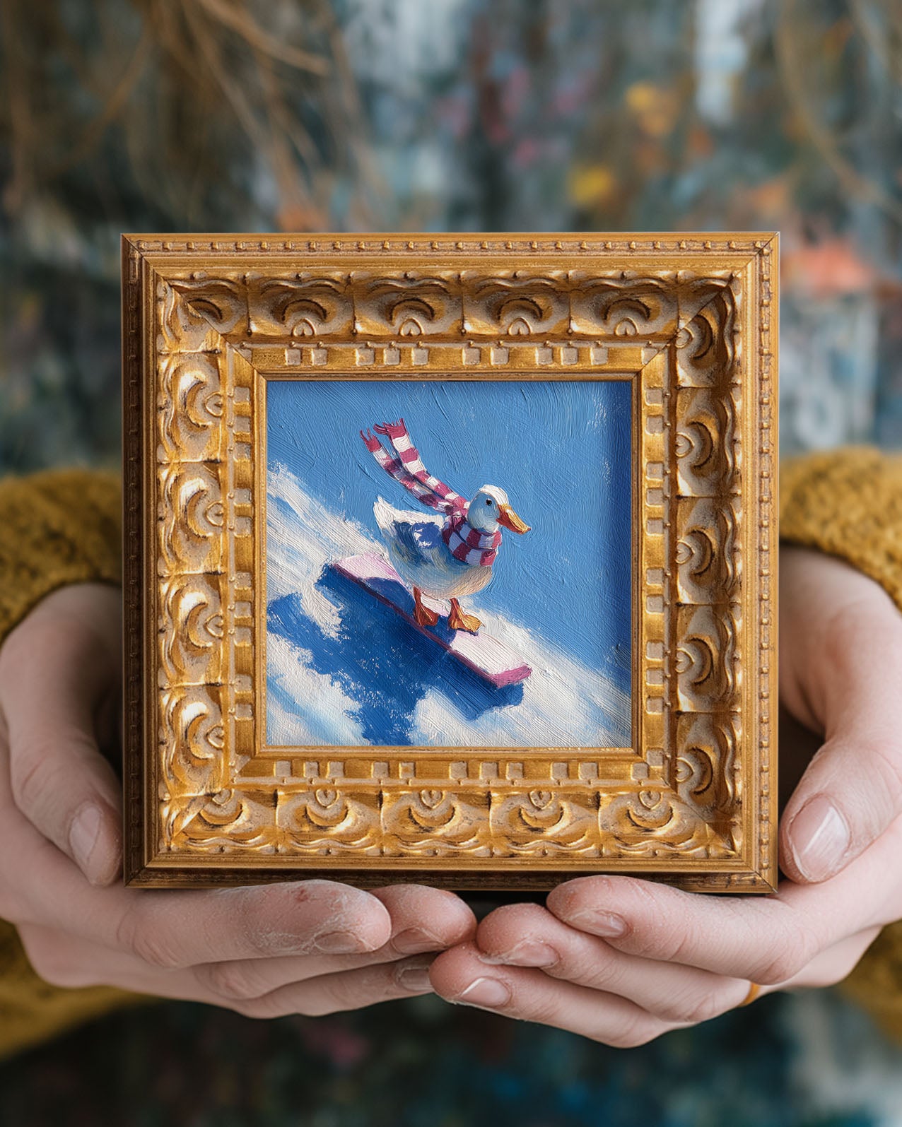 Small Original Hand Painted, Duck Snowboarding Oil Painting, Living Room Wall Art Decor,5X5 Gold Framed Artwork, Christmas Gift for Friends