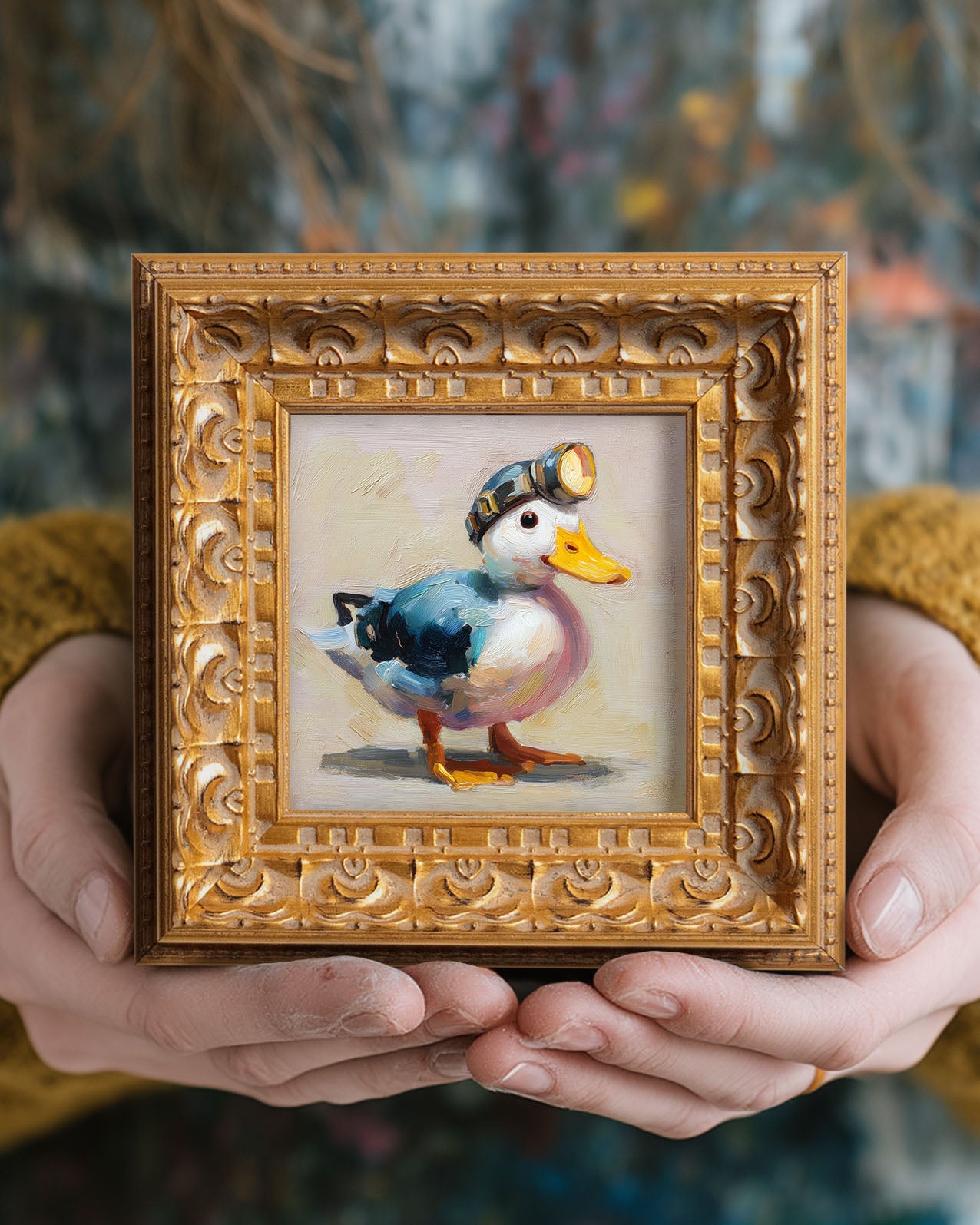 Small Original Hand Painted, Brave Duck Oil Painting, Living Room Wall Art Decor, 5X5 Gold Framed Artwork, Christmas Gift for Friends