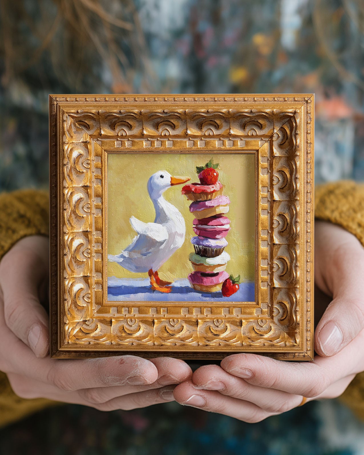 Small Original Hand Painted, Enjoying Duck Oil Painting, Living Room Wall Art Decor, 5X5 Gold Framed Artwork, Christmas Gift for Friends