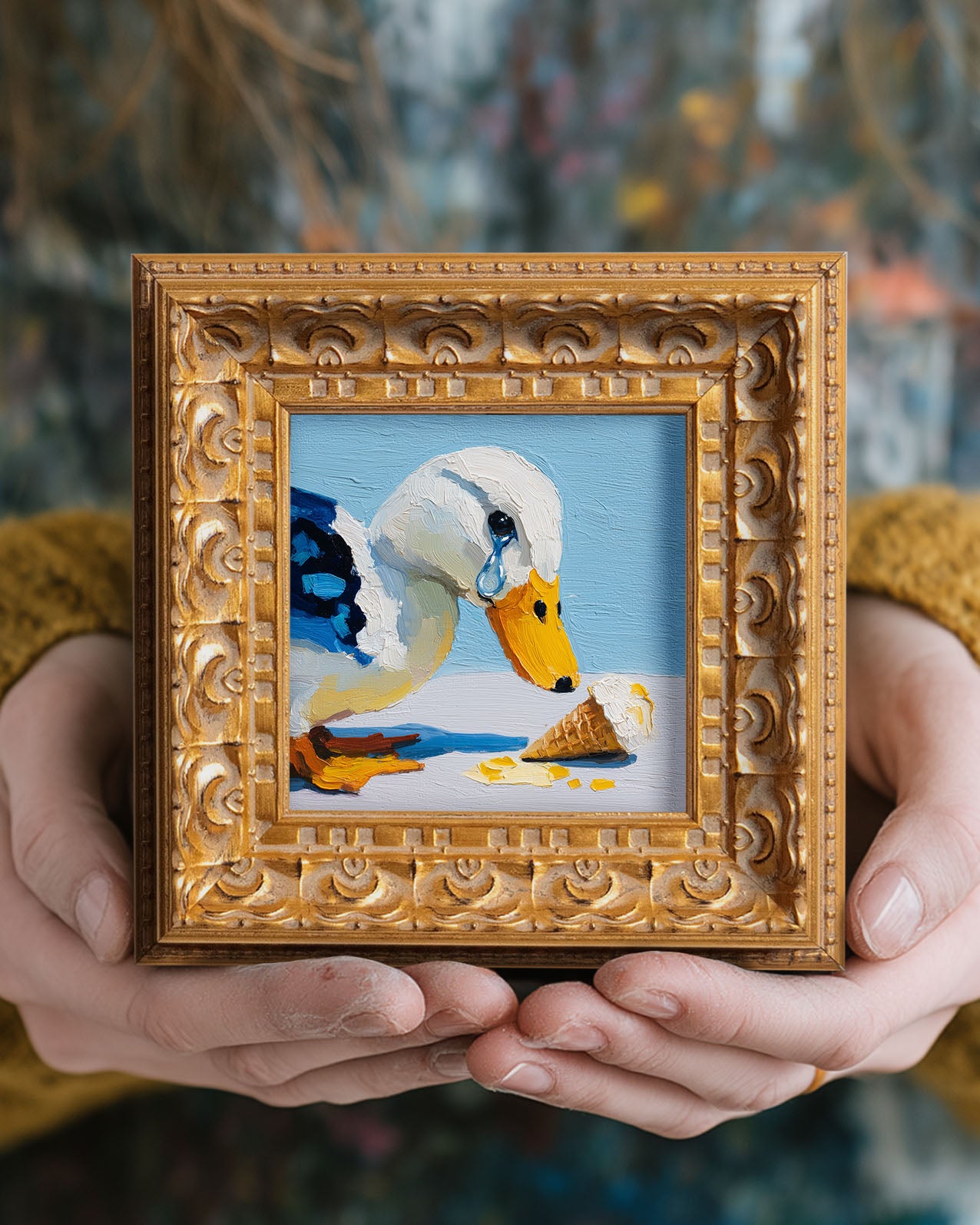 Small Original Hand Painted, Crying Duck Oil Painting, Living Room Wall Art Decor, 5X5 Gold Framed Artwork, Christmas Gift for Friends