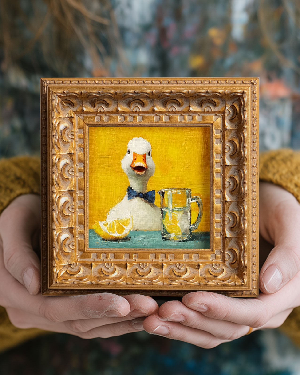 Small Original Hand Painted, Bartender Duck Oil Painting, Living Room Wall Art Decor, 5X5 Gold Framed Artwork, Christmas Gift for Friends