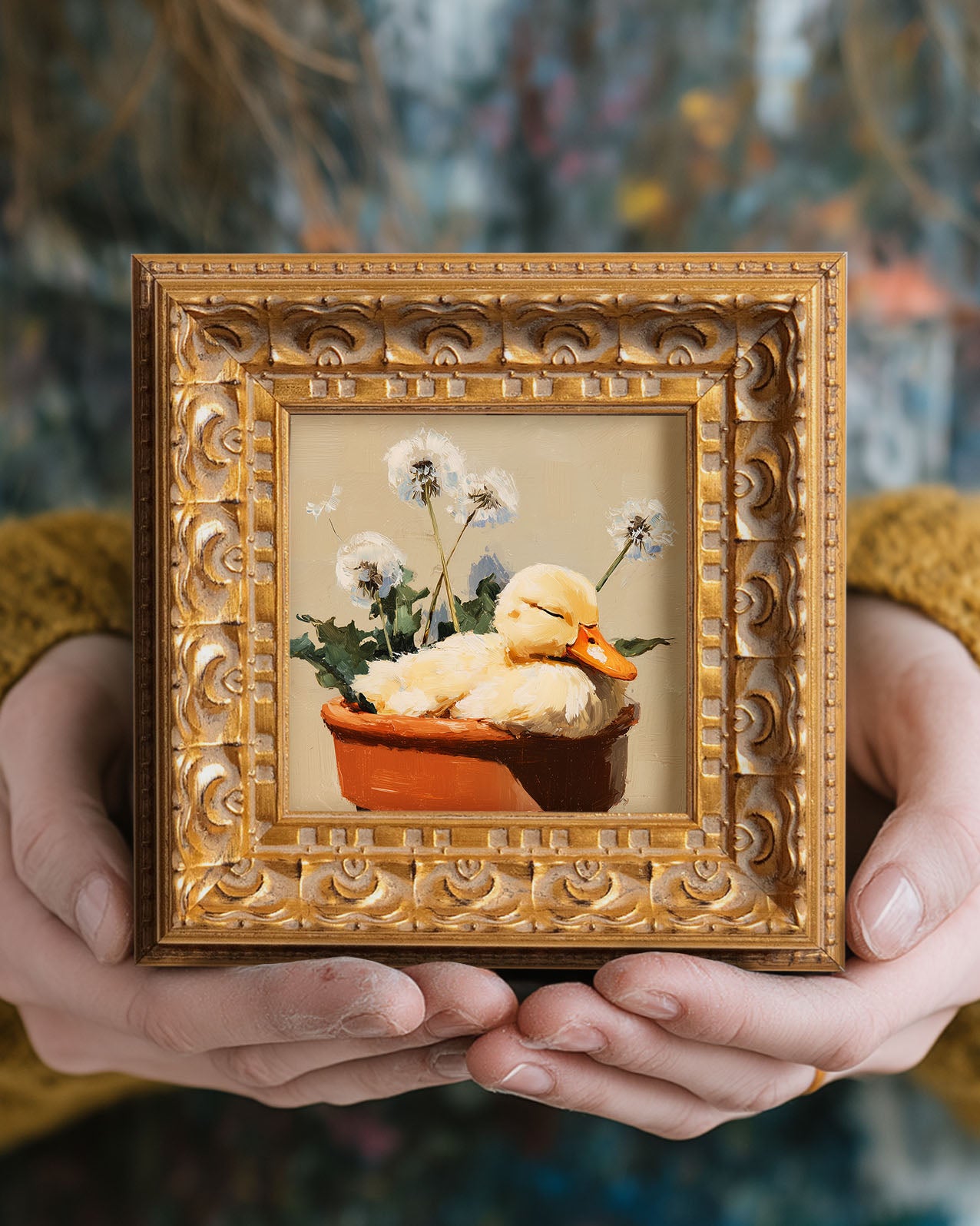 Small Original Hand Painted, Duckling in Flower Pot Oil Painting, Living Room Wall Art Decor, 5X5 Gold Framed Artwork, Christmas Gift