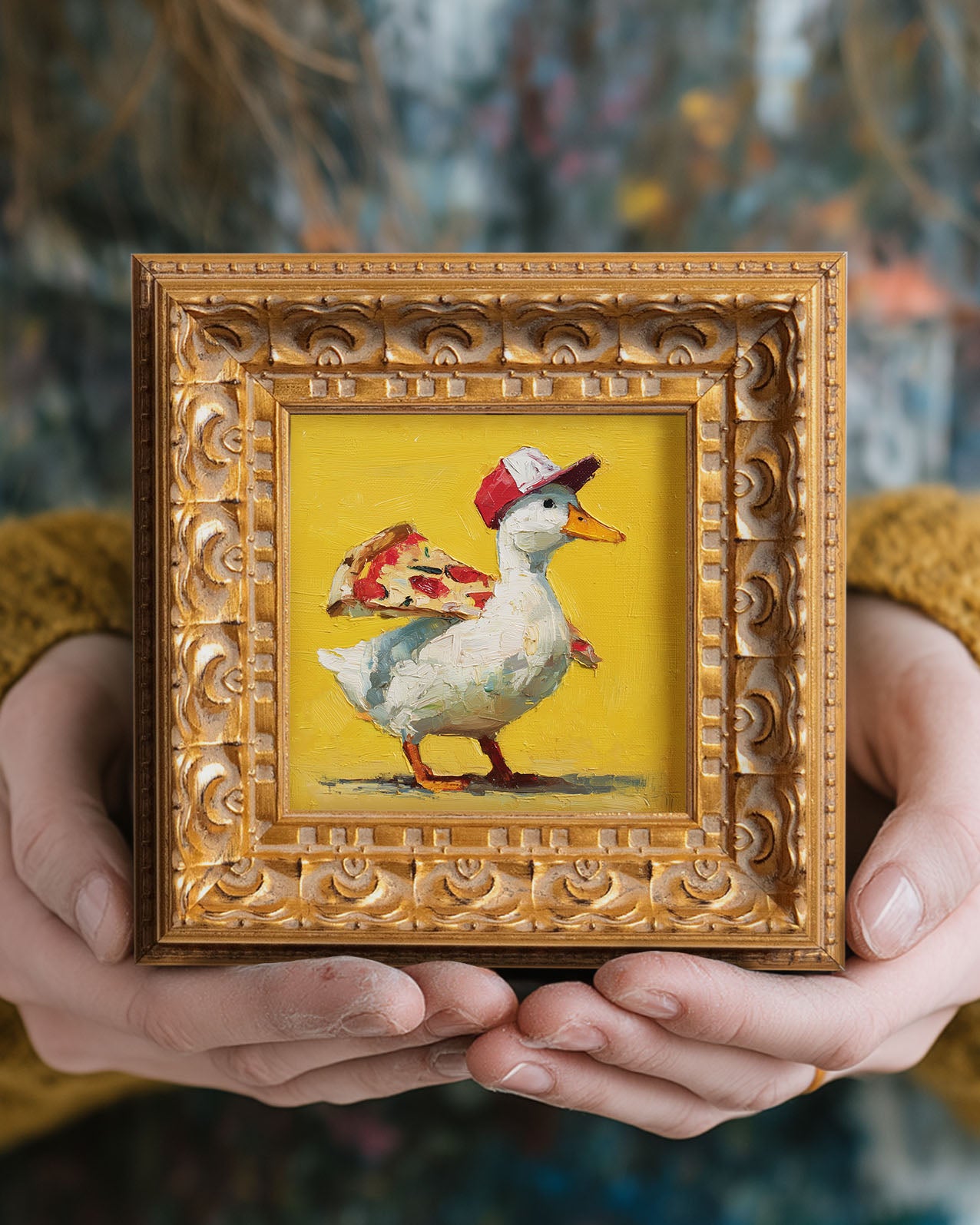 Small Original Hand Painted, Pizza Ducks Oil Painting, Living Room Wall Art Decor,5X5 Gold Framed Artwork, Christmas Gift