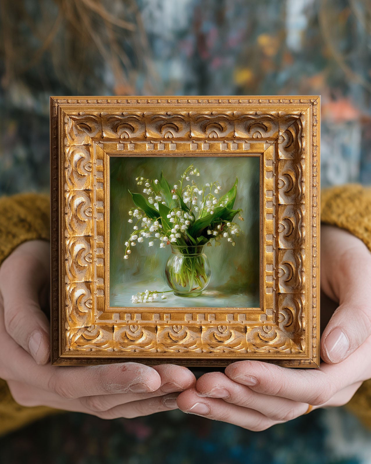Original Lily Of The Valley Oil Painting, Delicate Floral Wall Art, Hand Painted Ornate Gold Frame Home Decor, Serene Bedroom Decoration, Gift For Friends