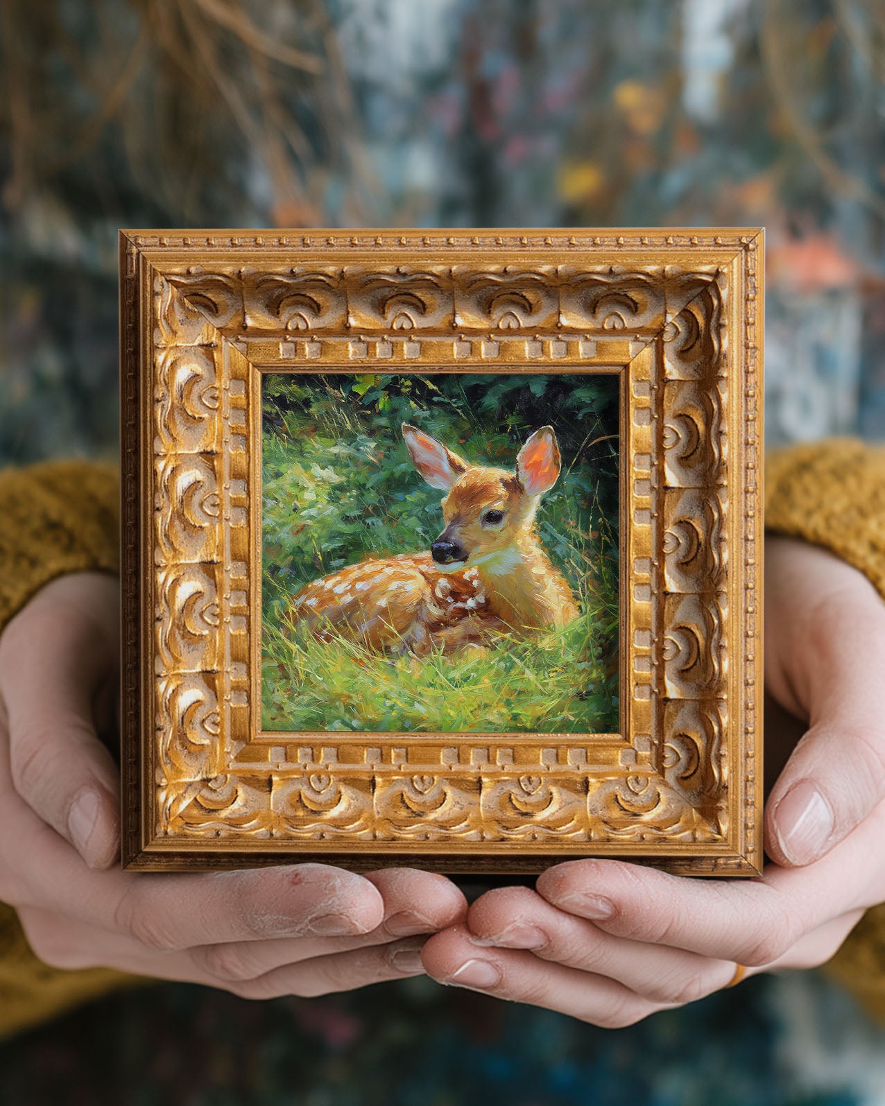 Hand Panted Fawn Oil Painting, Original Art, Living Room Wall Art Decor, 5X5 Gold Framed Artwork, Still life Wildlife, Gift for friends