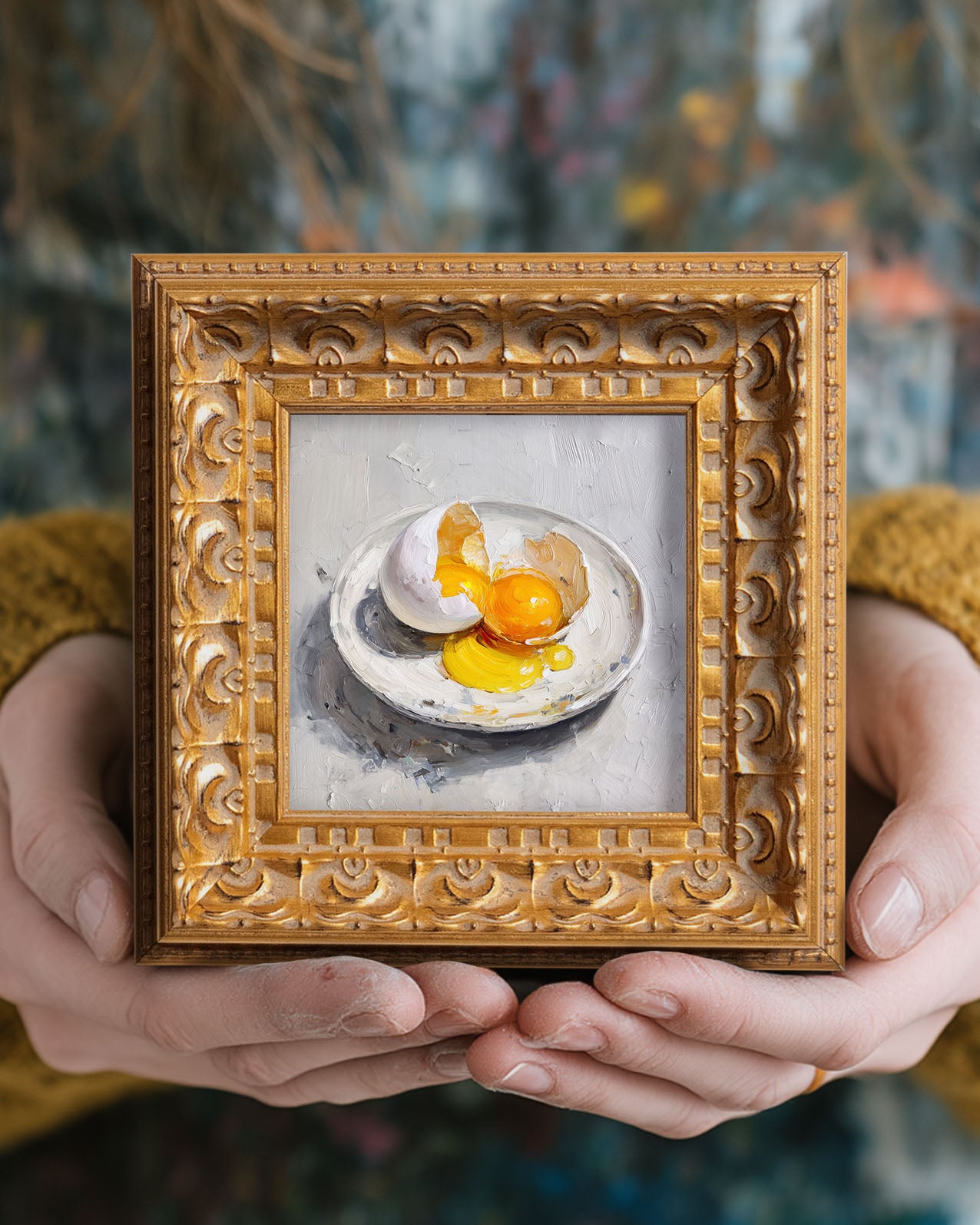 Eggs Still Life Oil Painting, Double Yolk Egg Art, Kitchen Wall Decor, Original Impasto Food Painting, Small Framed Art
