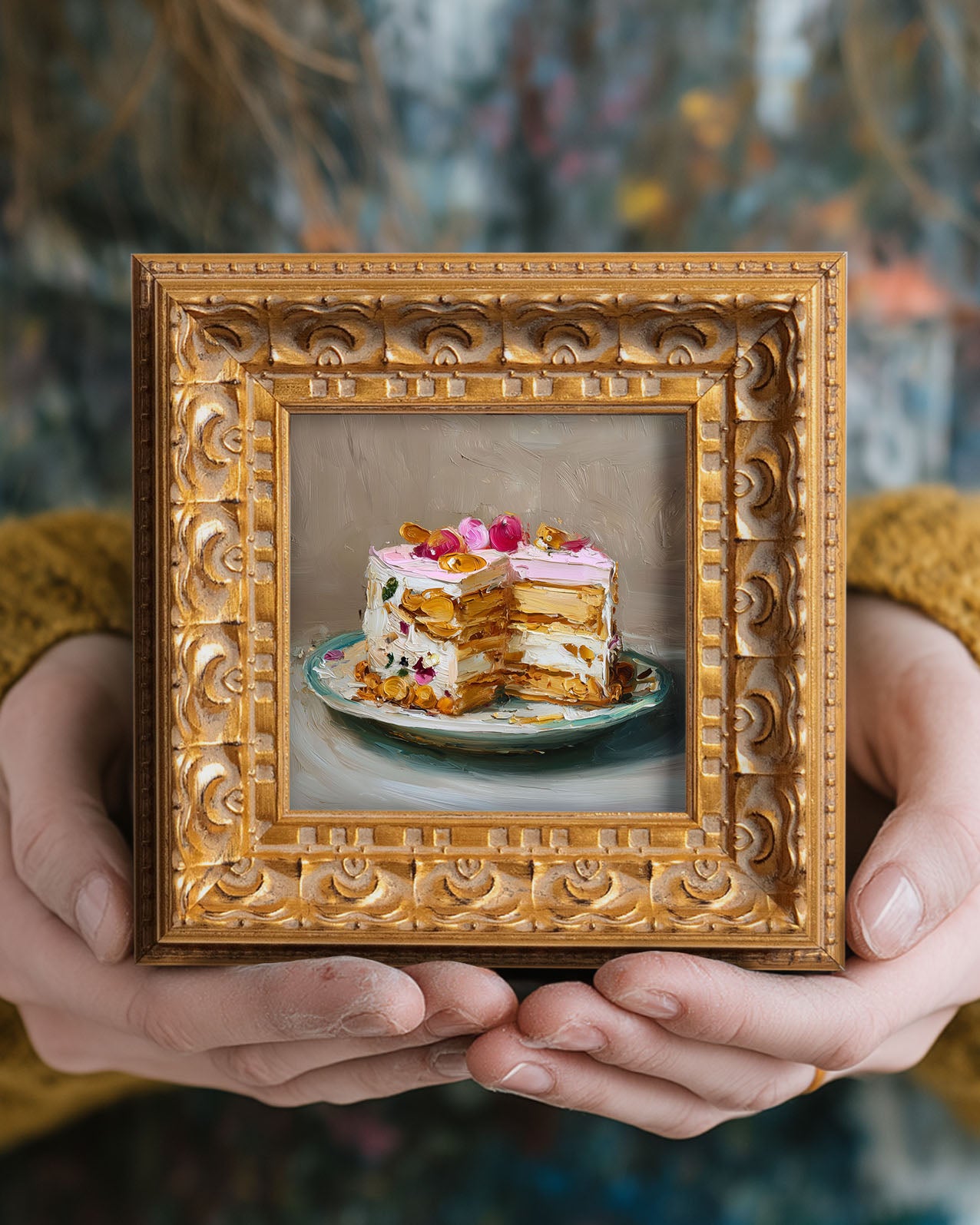 Original Rose Petal Cake Oil Painting, Elegant Kitchen Wall Art, Hand Painted Ornate Gold Frame Home Decor, Charming Dining Room Decoration, Gift For Friends