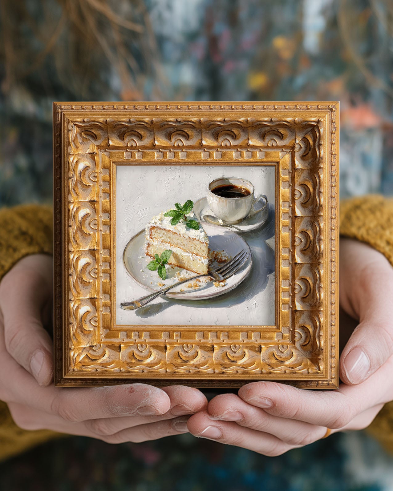 Original Vanilla Cake With Coffee Oil Painting, Cozy Kitchen Wall Art, Hand Painted Ornate Gold Frame Home Decor, Charming Dining Room Decoration, Gift For Friends