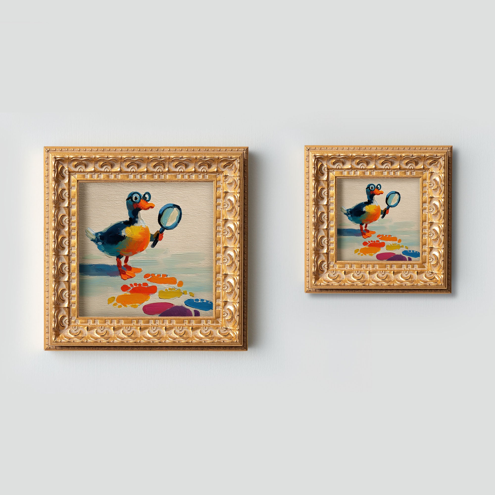 Small Original Hand Painted, Detective Duck Oil Painting, Living Room Wall Art Decor, 5X5 Gold Framed Artwork, Christmas Gift for Friends
