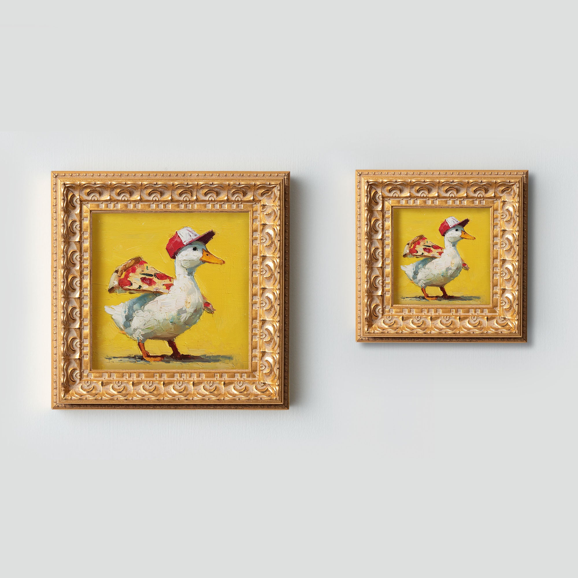 Small Original Hand Painted, Pizza Ducks Oil Painting, Living Room Wall Art Decor,5X5 Gold Framed Artwork, Christmas Gift