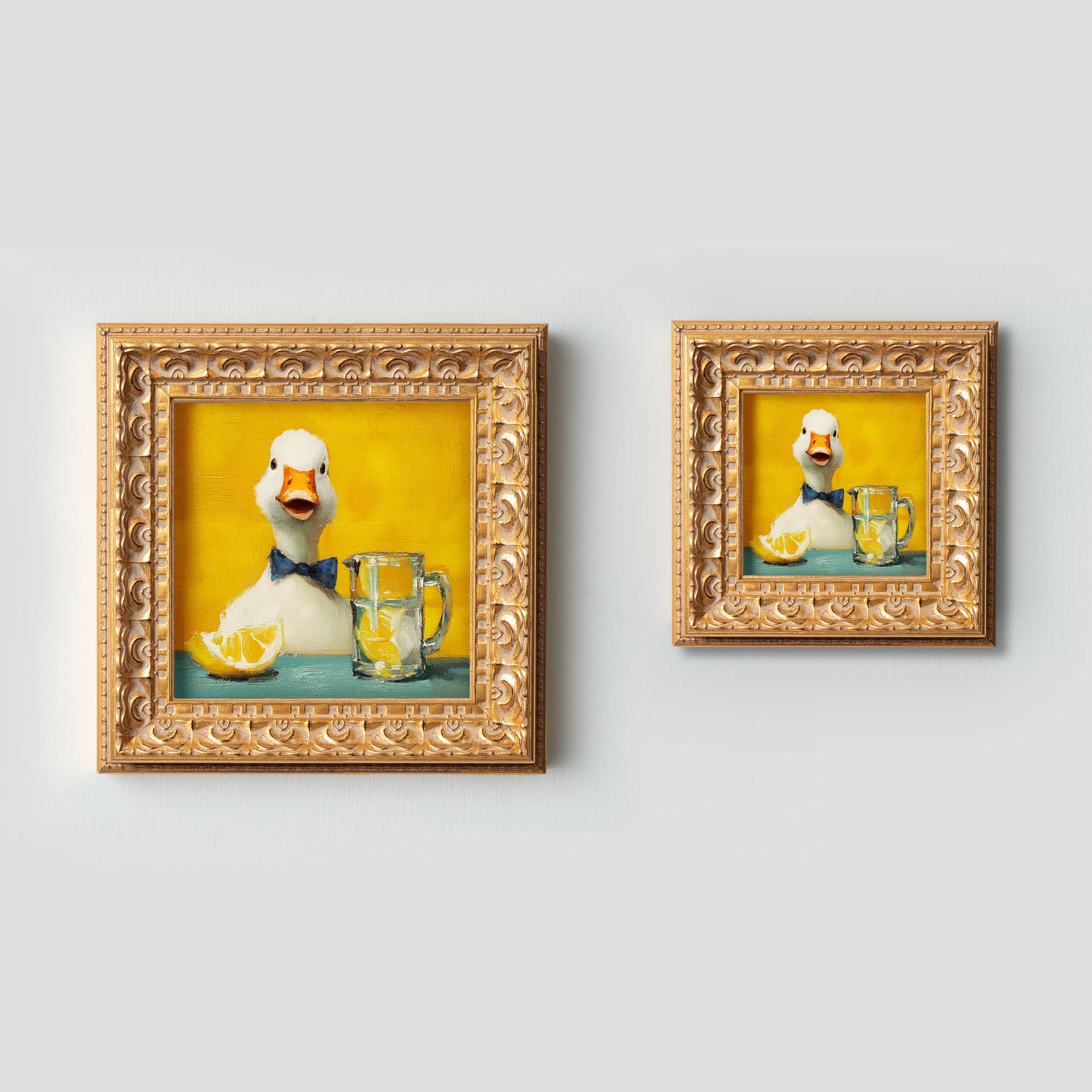 Small Original Hand Painted, Bartender Duck Oil Painting, Living Room Wall Art Decor, 5X5 Gold Framed Artwork, Christmas Gift for Friends