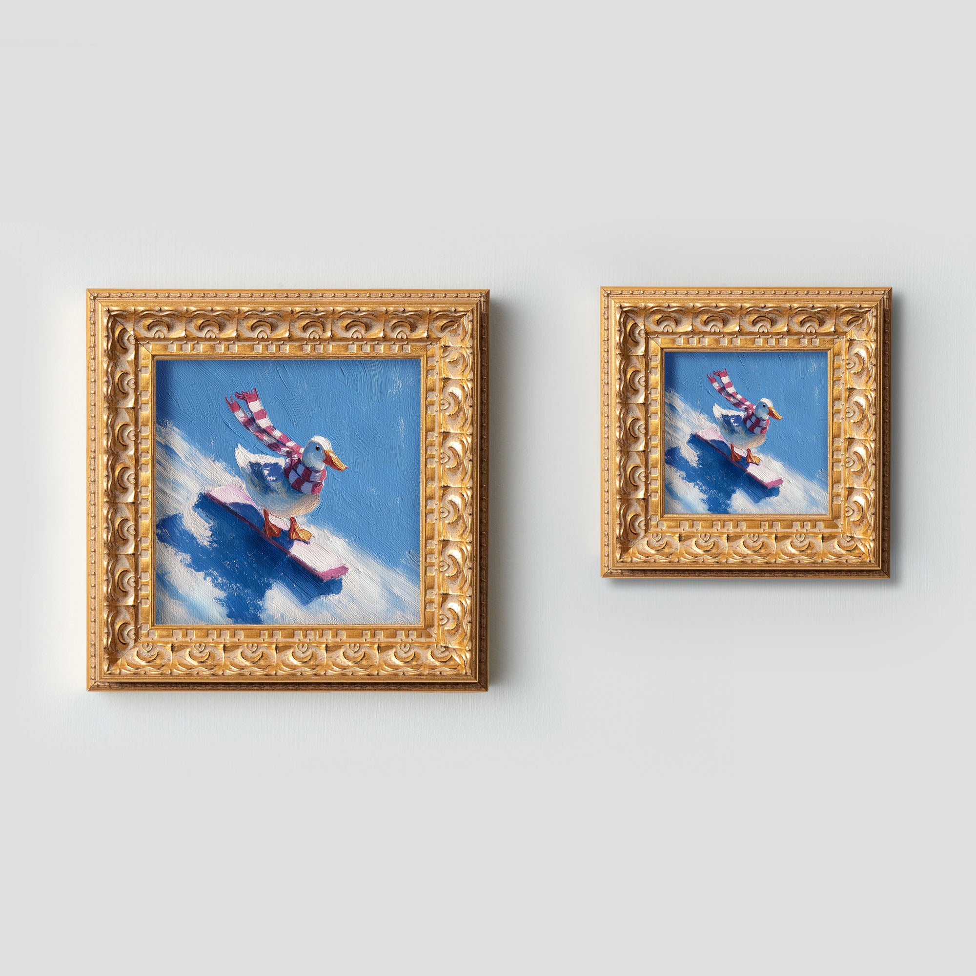 Small Original Hand Painted, Duck Snowboarding Oil Painting, Living Room Wall Art Decor,5X5 Gold Framed Artwork, Christmas Gift for Friends