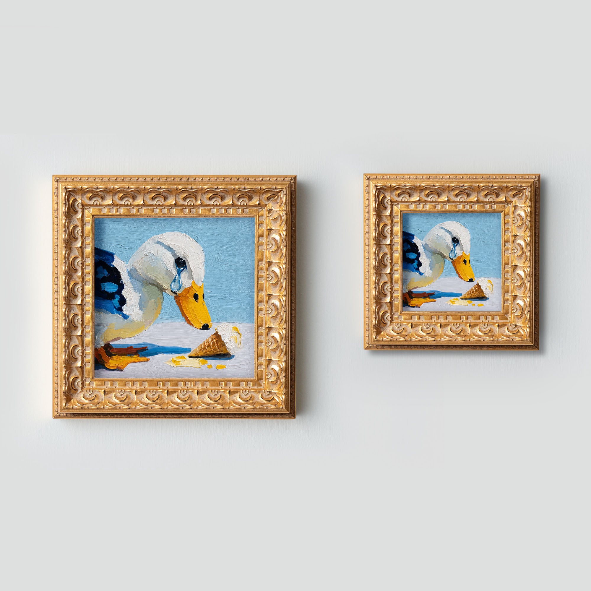 Small Original Hand Painted, Crying Duck Oil Painting, Living Room Wall Art Decor, 5X5 Gold Framed Artwork, Christmas Gift for Friends