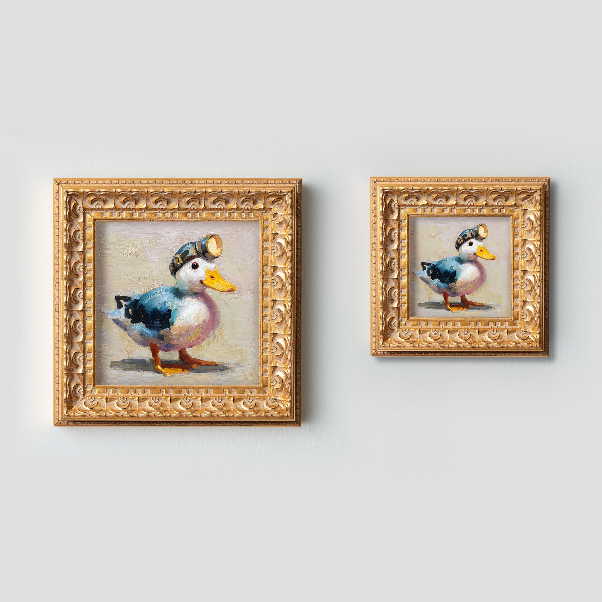 Small Original Hand Painted, Brave Duck Oil Painting, Living Room Wall Art Decor, 5X5 Gold Framed Artwork, Christmas Gift for Friends