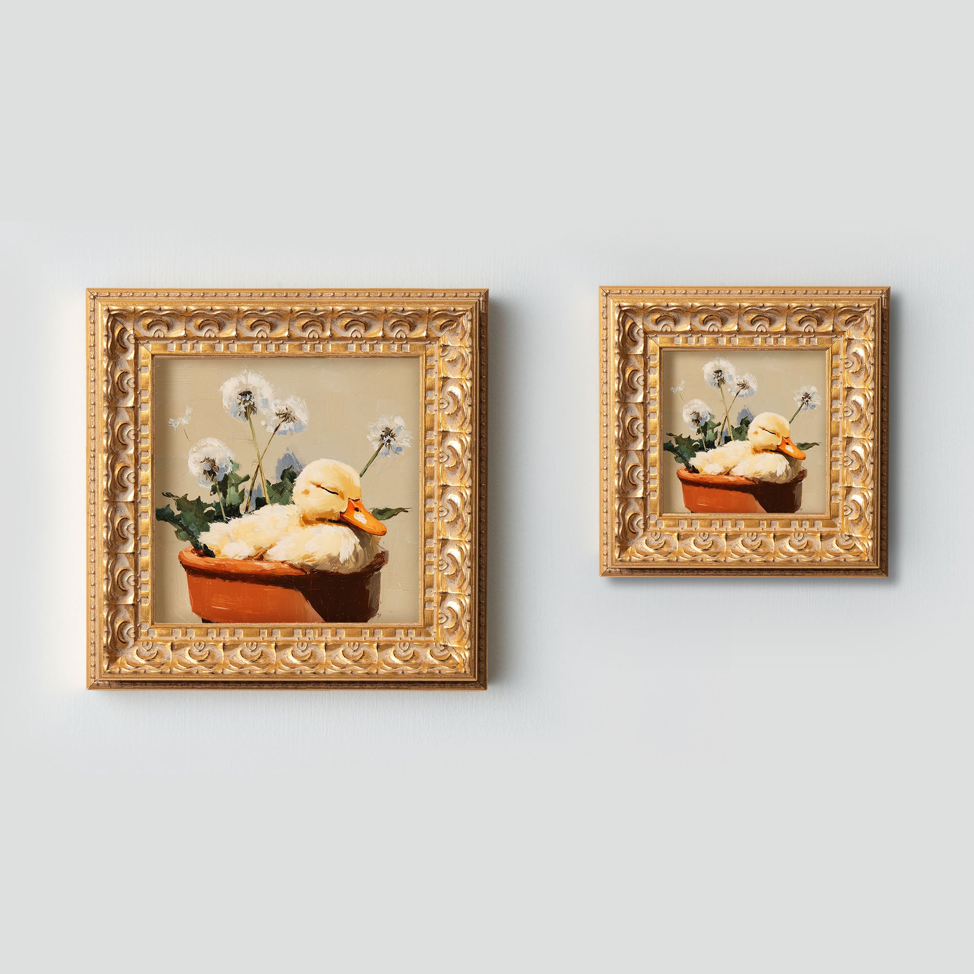 Small Original Hand Painted, Duckling in Flower Pot Oil Painting, Living Room Wall Art Decor, 5X5 Gold Framed Artwork, Christmas Gift