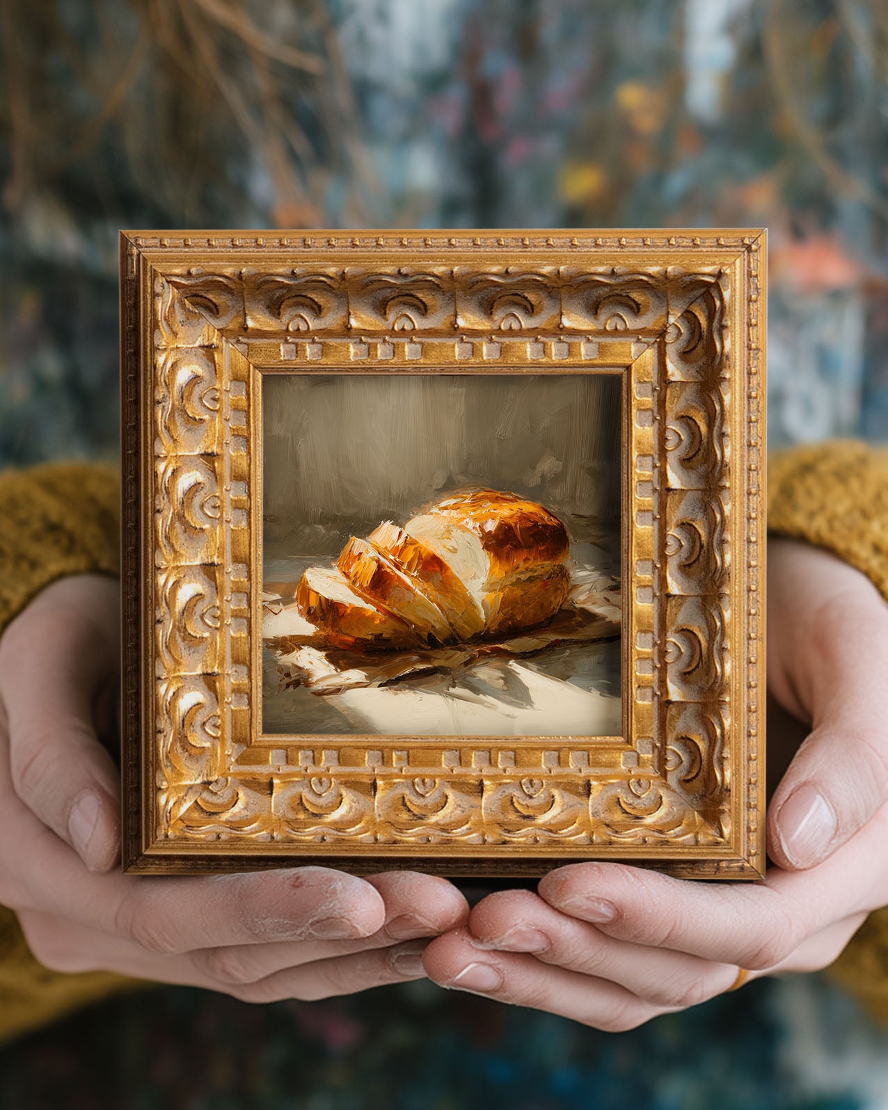 Loaf of Bread Still Life, Original Oil Painting, Food Art, Impasto Kitchen Wall Decor, Small Framed Artwork