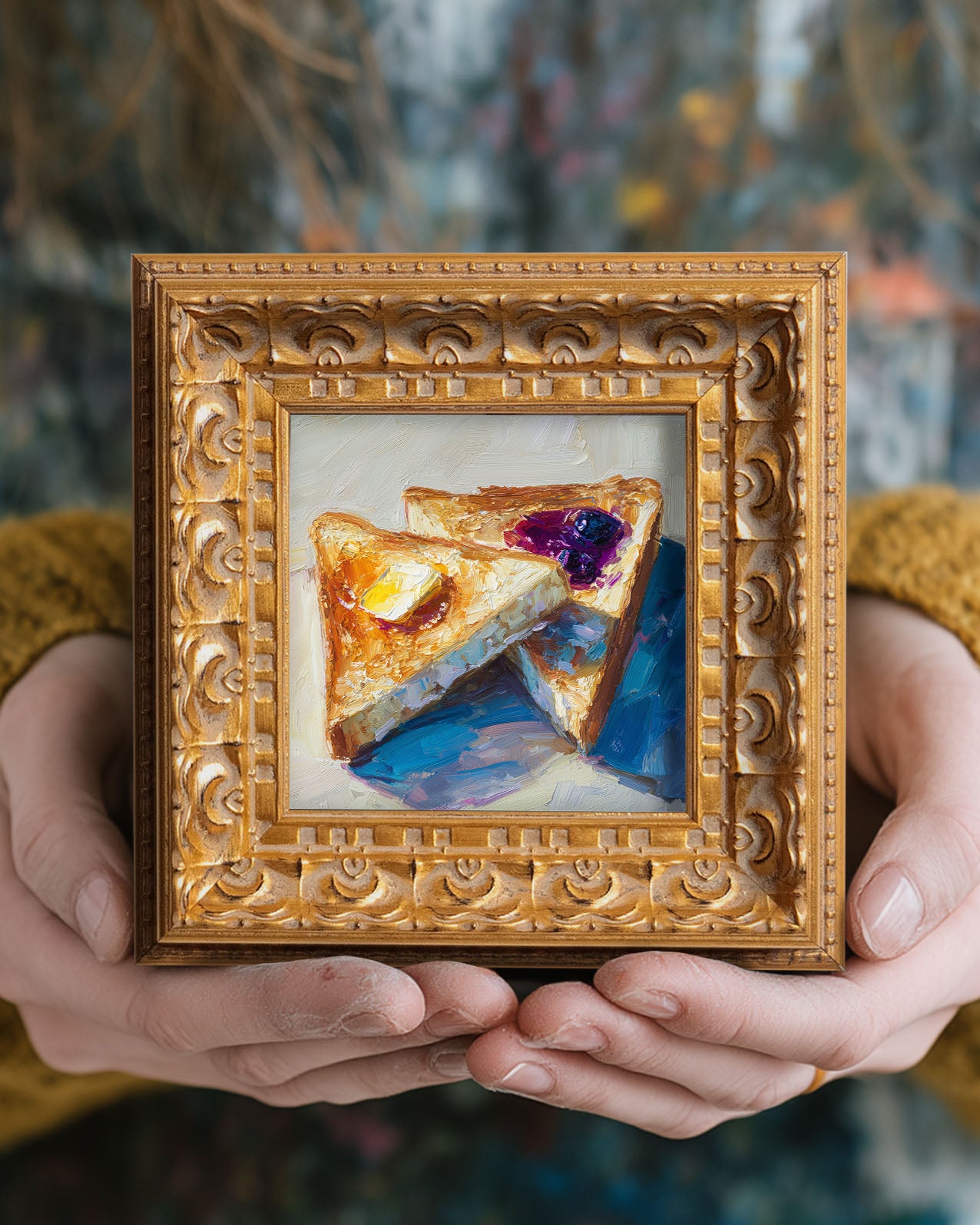 Still life Oil Painting, Original Hand Painted Art,  Wall Art Decor, Gift for Friends, Small 5X5 Gold Framed Artwork, Sauced Toast