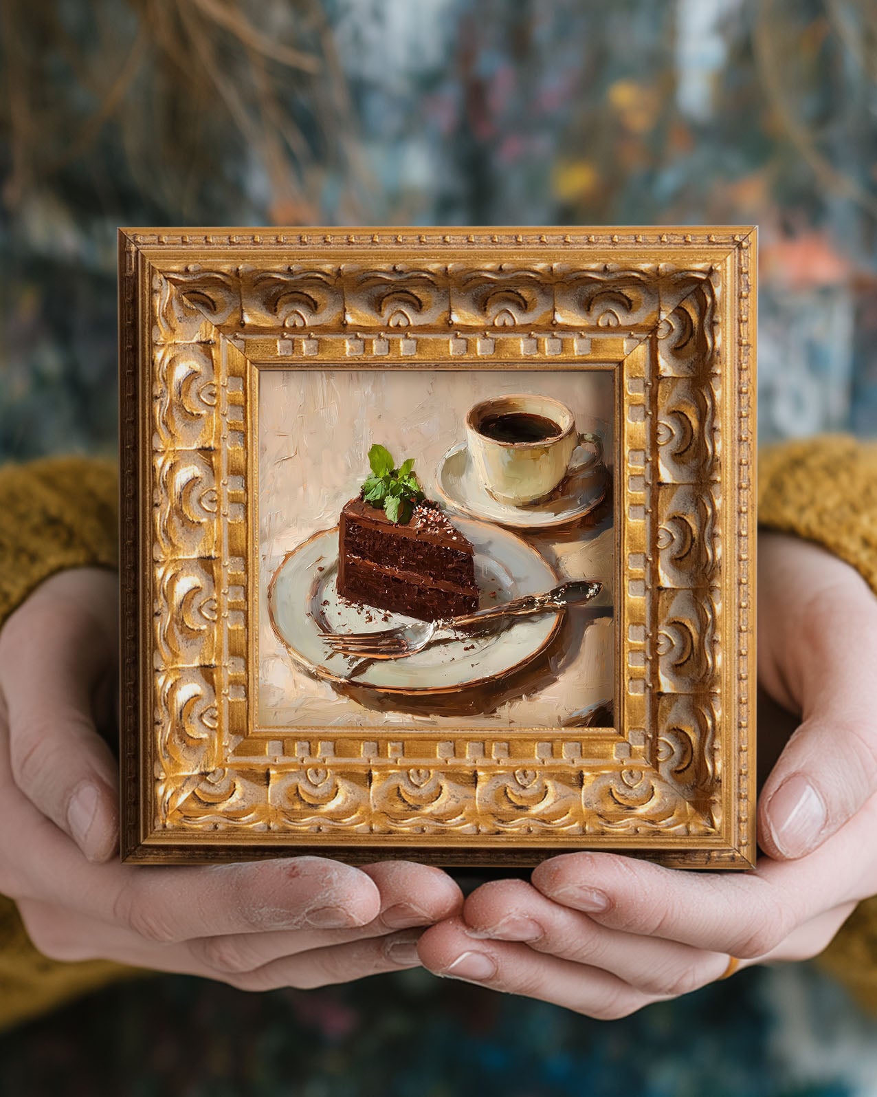 Original Chocolate Cake With Coffee Oil Painting, Rich Kitchen Wall Art, Hand Painted Ornate Gold Frame Home Decor, Stylish Dining Room Decoration, Gift For Friends