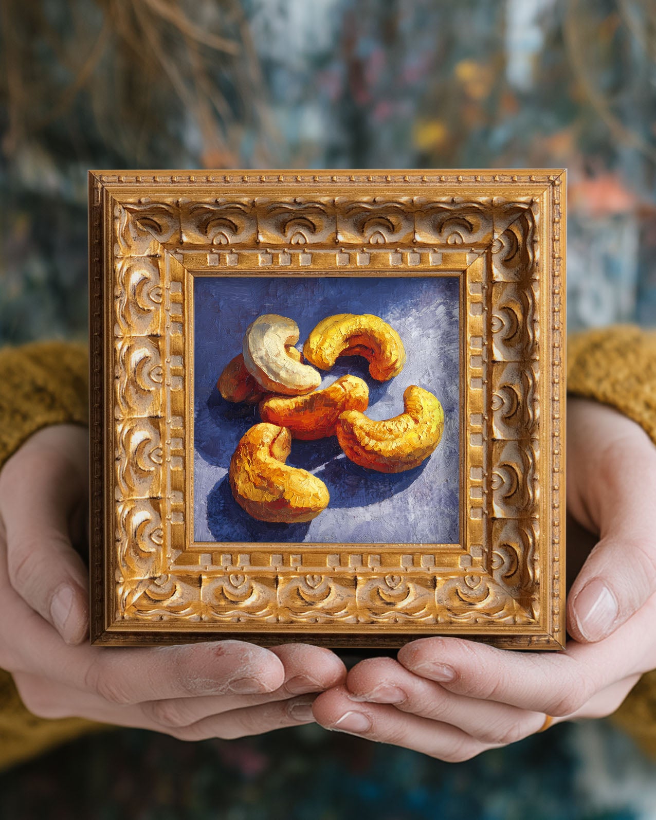 Still life Cashews Oil Painting, Small Original Hand Painted Art, Dining Room Wall Art Decor, Gift for Friends, 5X5 Gold Framed Artwork