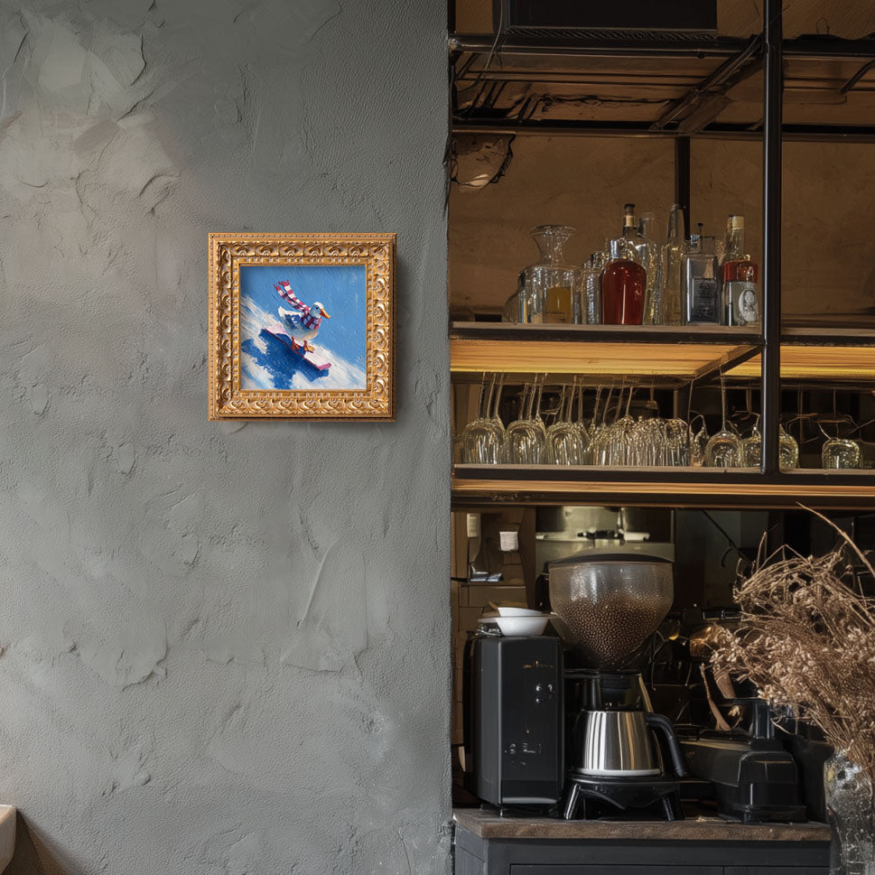 Small Original Hand Painted, Duck Snowboarding Oil Painting, Living Room Wall Art Decor,5X5 Gold Framed Artwork, Christmas Gift for Friends