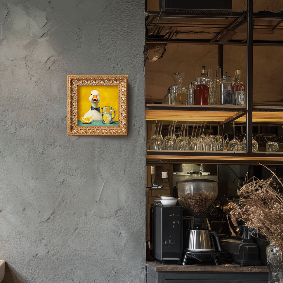 Small Original Hand Painted, Bartender Duck Oil Painting, Living Room Wall Art Decor, 5X5 Gold Framed Artwork, Christmas Gift for Friends