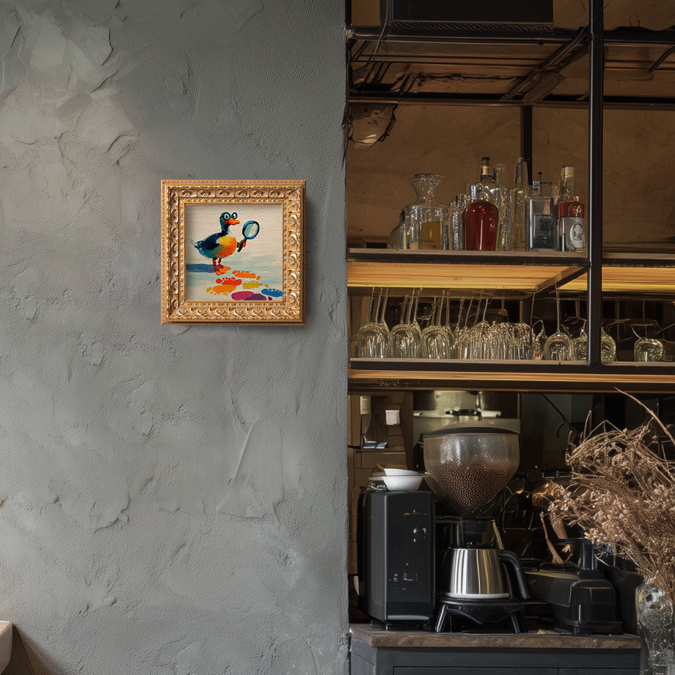 Small Original Hand Painted, Detective Duck Oil Painting, Living Room Wall Art Decor, 5X5 Gold Framed Artwork, Christmas Gift for Friends