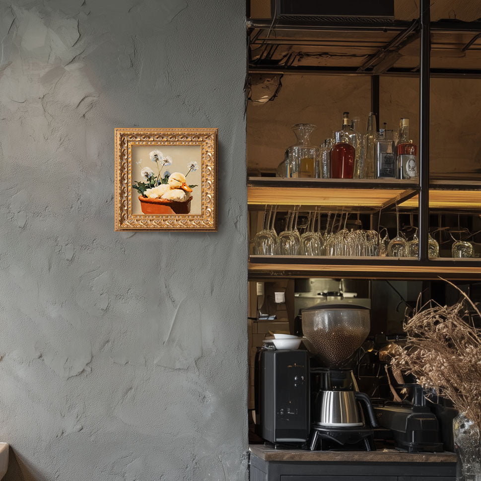 Small Original Hand Painted, Duckling in Flower Pot Oil Painting, Living Room Wall Art Decor, 5X5 Gold Framed Artwork, Christmas Gift