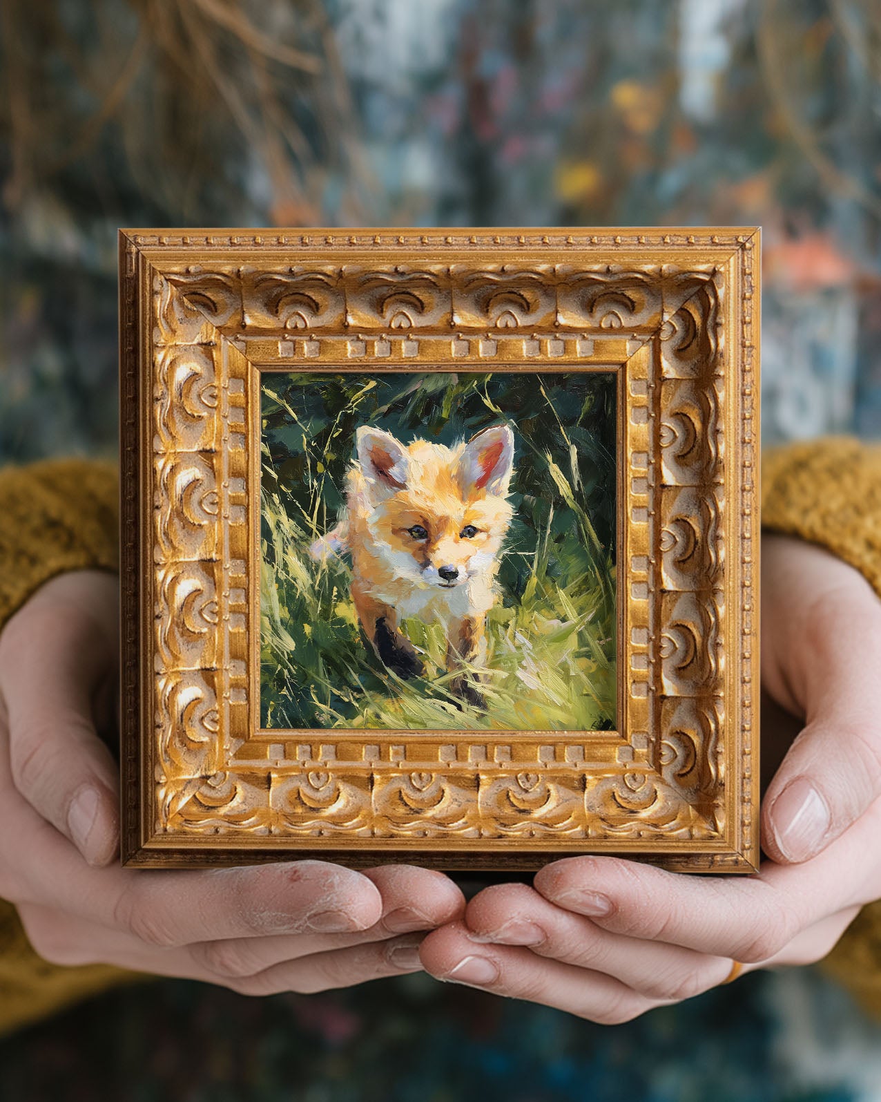 Hand Panted Fox Oil Painting, Original Art, Living Room Wall Art Decor, 5X5 Gold Framed Artwork, Still life Wildlife, Gift for friends